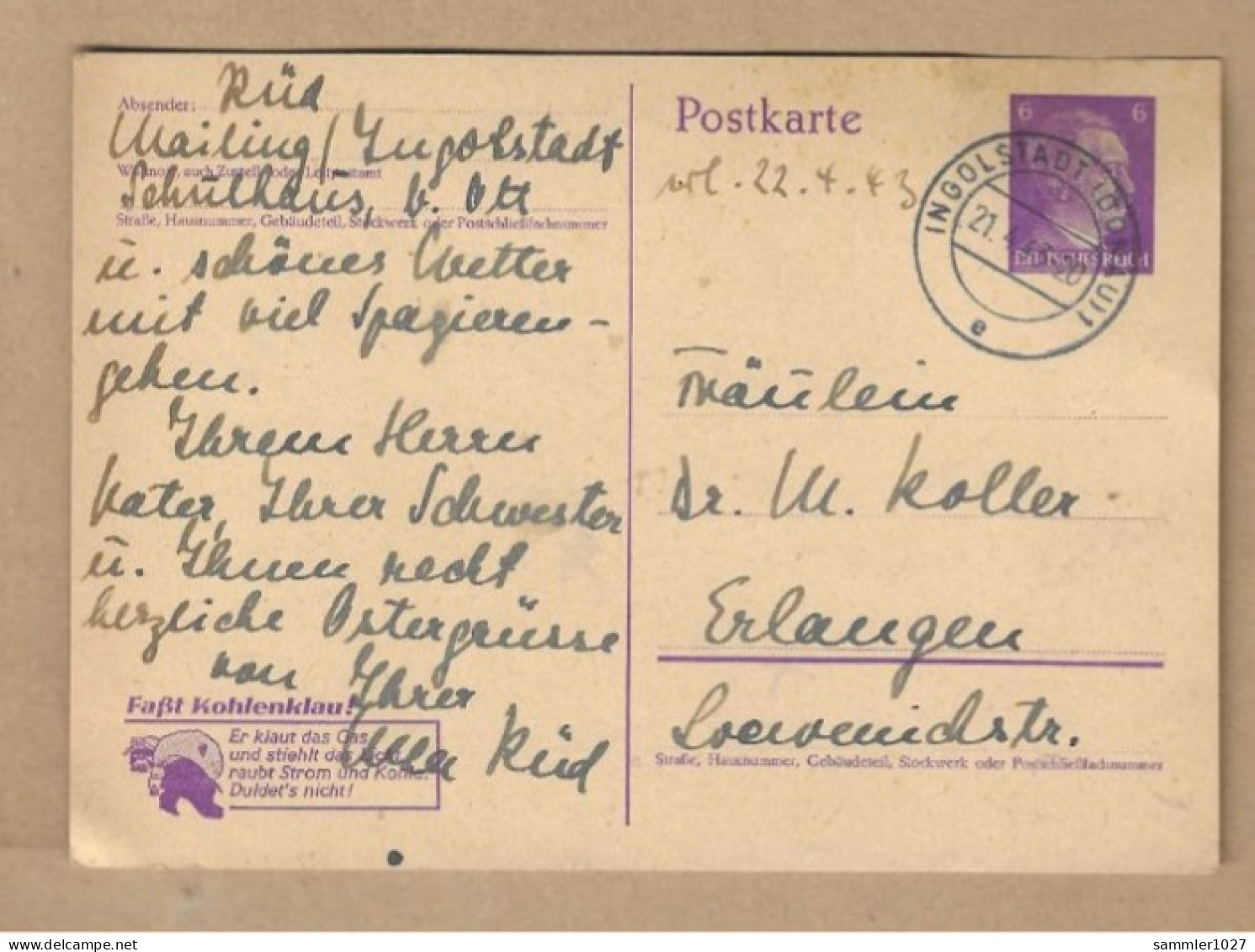 Los Vom 20.05 -  Ganzsaxhe-Postkarte Aus Ingolstadt 1943 - Lettres & Documents
