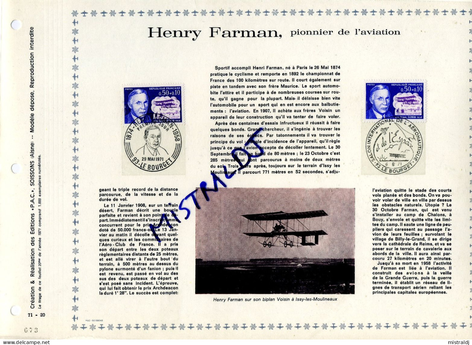 Rare Feuillet PAC (précurseur De CEF) De 1971 - Henry FARMAN, Pionnier De L’Aviation, 2 Timbres - 1970-1979