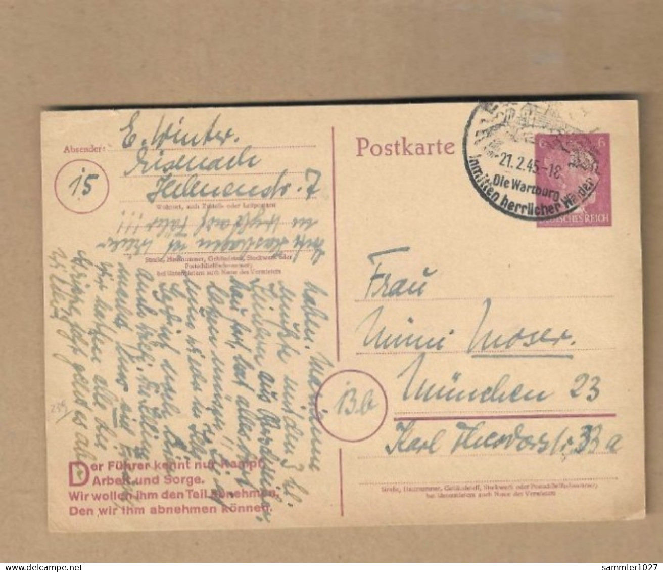 Los Vom 20.05 - Ganzsache-Postkarte Aus Eisenach 1945 - Lettres & Documents
