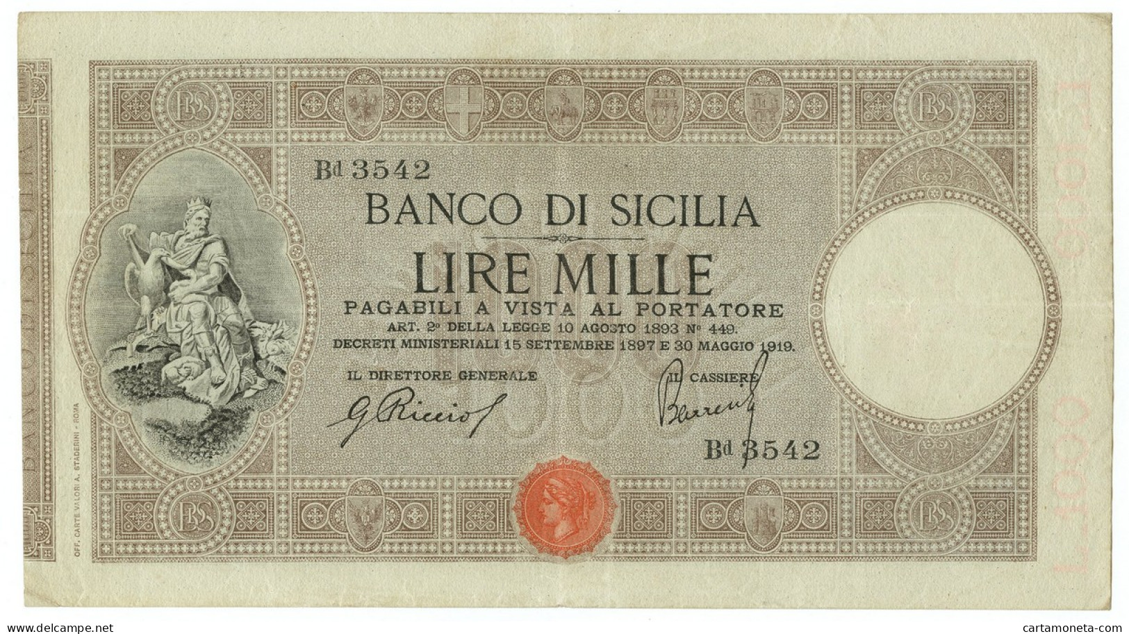 1000 LIRE BANCO DI SICILIA BIGLIETTO AL PORTATORE 30/05/1919 BB/BB+ - Other & Unclassified