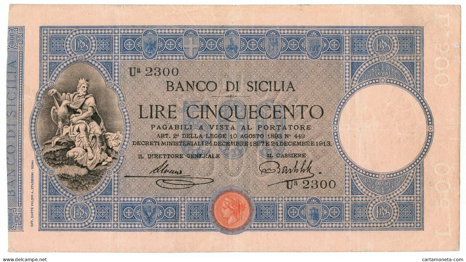 500 LIRE BANCO DI SICILIA BIGLIETTO AL PORTATORE 24/12/1913 BB+ - Autres & Non Classés