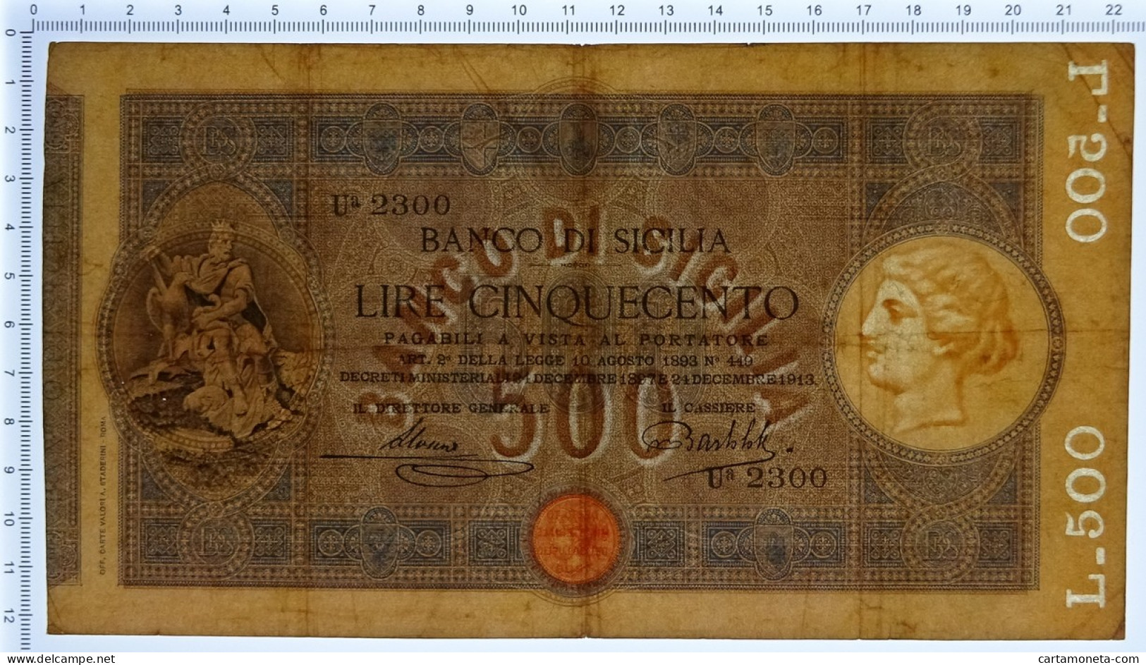 500 LIRE BANCO DI SICILIA BIGLIETTO AL PORTATORE 24/12/1913 BB+ - Other & Unclassified