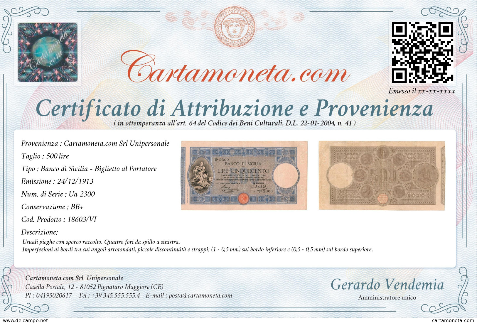 500 LIRE BANCO DI SICILIA BIGLIETTO AL PORTATORE 24/12/1913 BB+ - Other & Unclassified