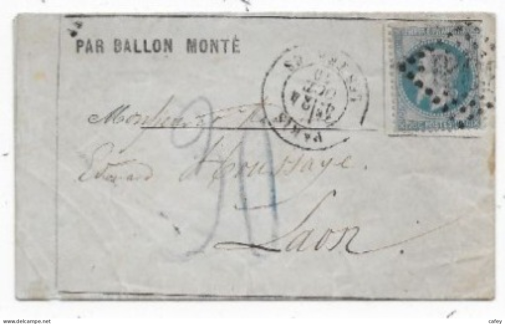 Guerre 70 Siège De PARIS Lettre Formule Par Ballon Monté PARIS LES TERNES 24/10/70 P/ LAON TAXE Allemande 30 - Guerre De 1870