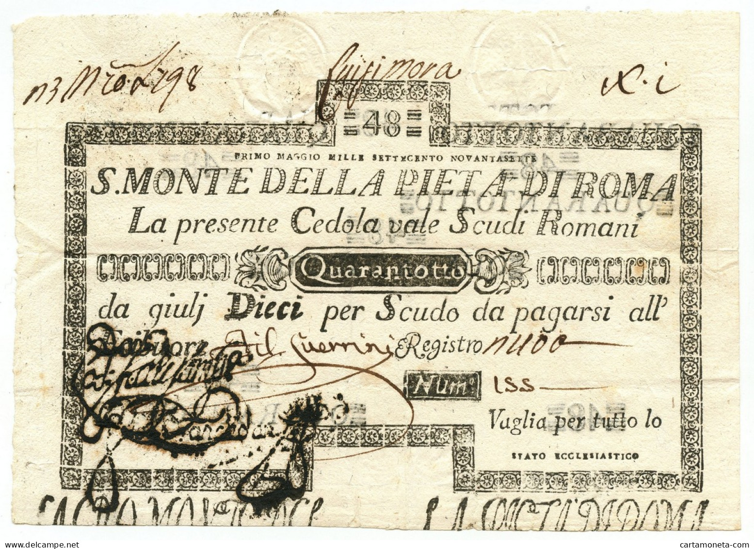 48 SCUDI CEDOLA SACRO MONTE DELLA PIETÀ DI ROMA 01/05/1797 BB+ - Other & Unclassified