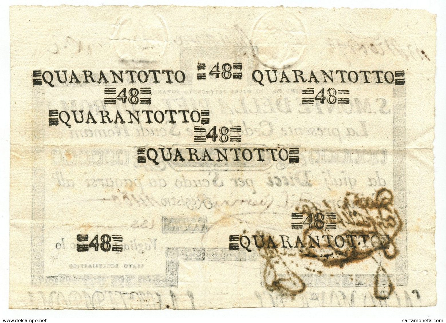 48 SCUDI CEDOLA SACRO MONTE DELLA PIETÀ DI ROMA 01/05/1797 BB+ - Andere & Zonder Classificatie