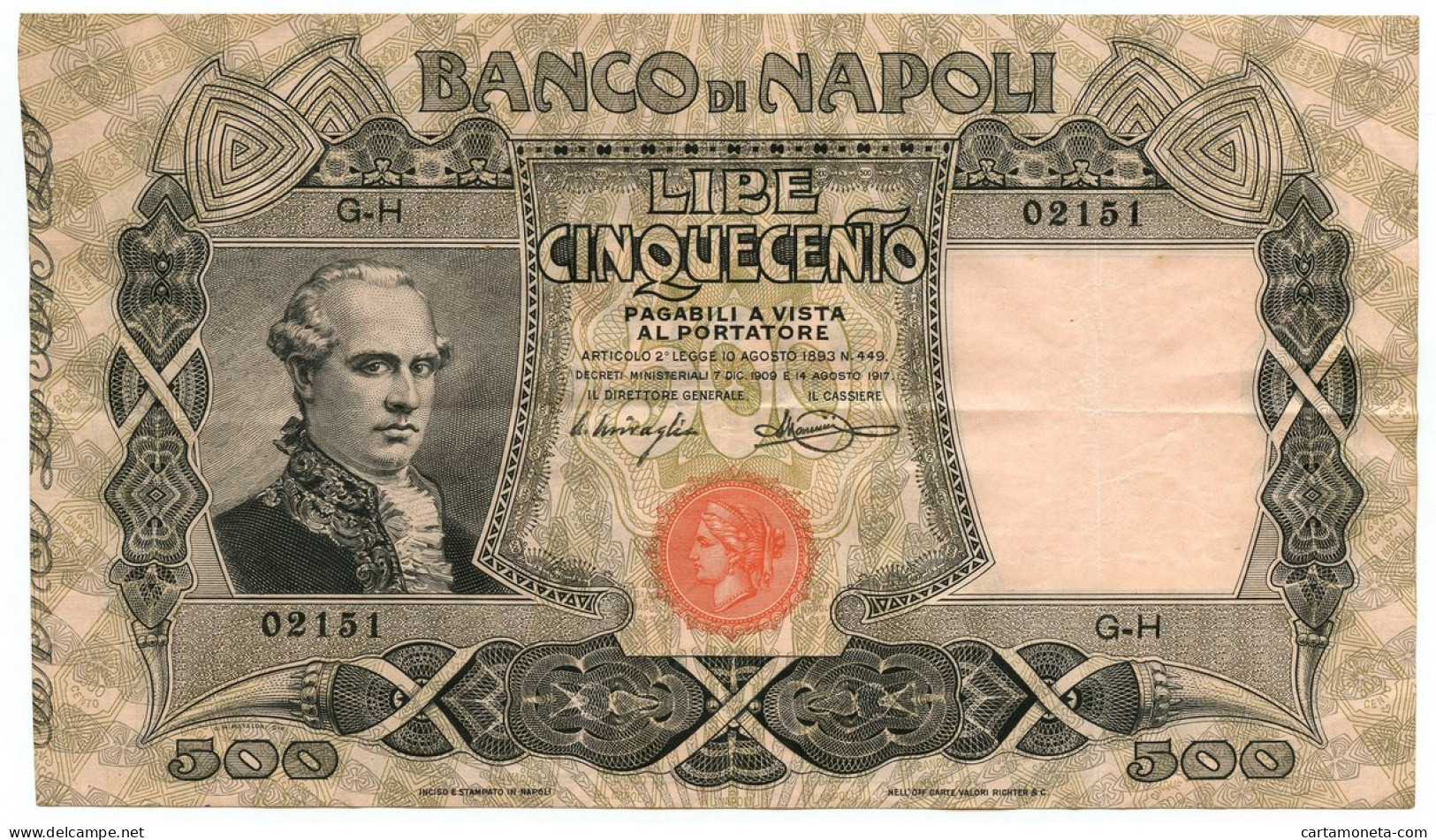 500 LIRE BANCO DI NAPOLI BIGLIETTO AL PORTATORE 14/08/1917 BB/SPL - Autres & Non Classés