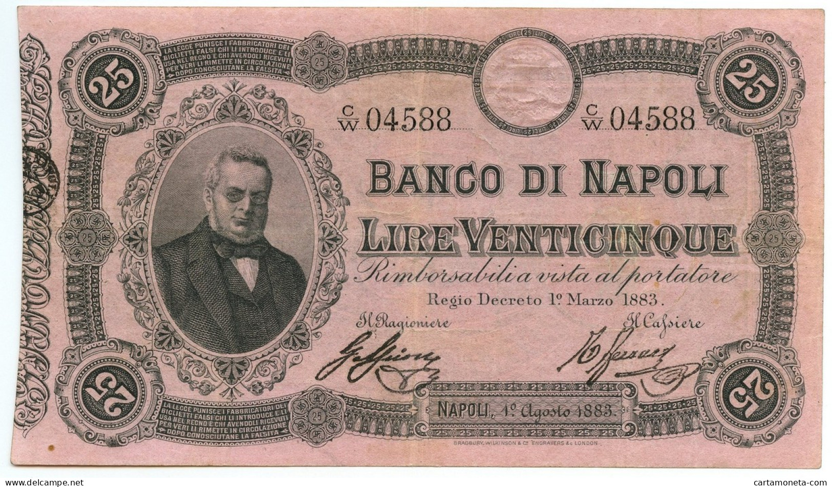 25 LIRE BANCO DI NAPOLI BIGLIETTO AL PORTATORE CAVOUR 01/03/1883 BB/BB+ - Autres & Non Classés