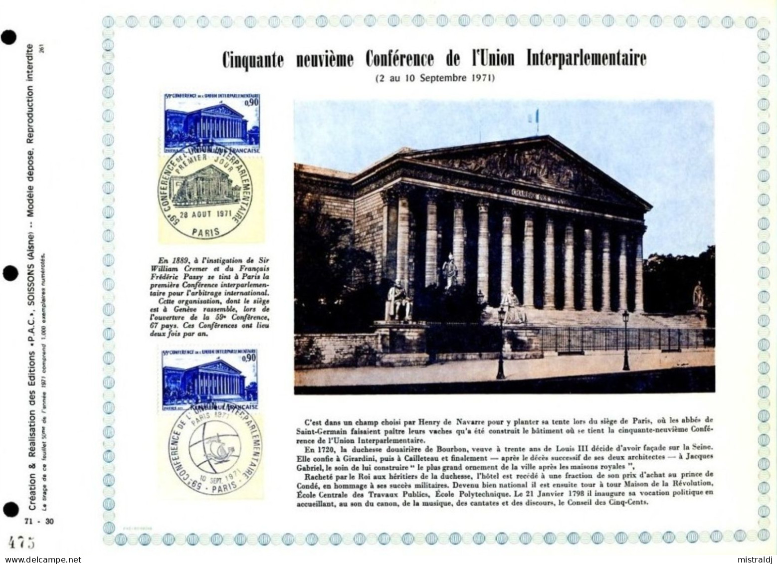 Rare Feuillet PAC (précurseur De CEF) De 1971 - CINQUANTE NEUVIEME CONFÉRENCE DE L'UNION INTERPARLEMENTAIRE, 2 Timbres - 1970-1979