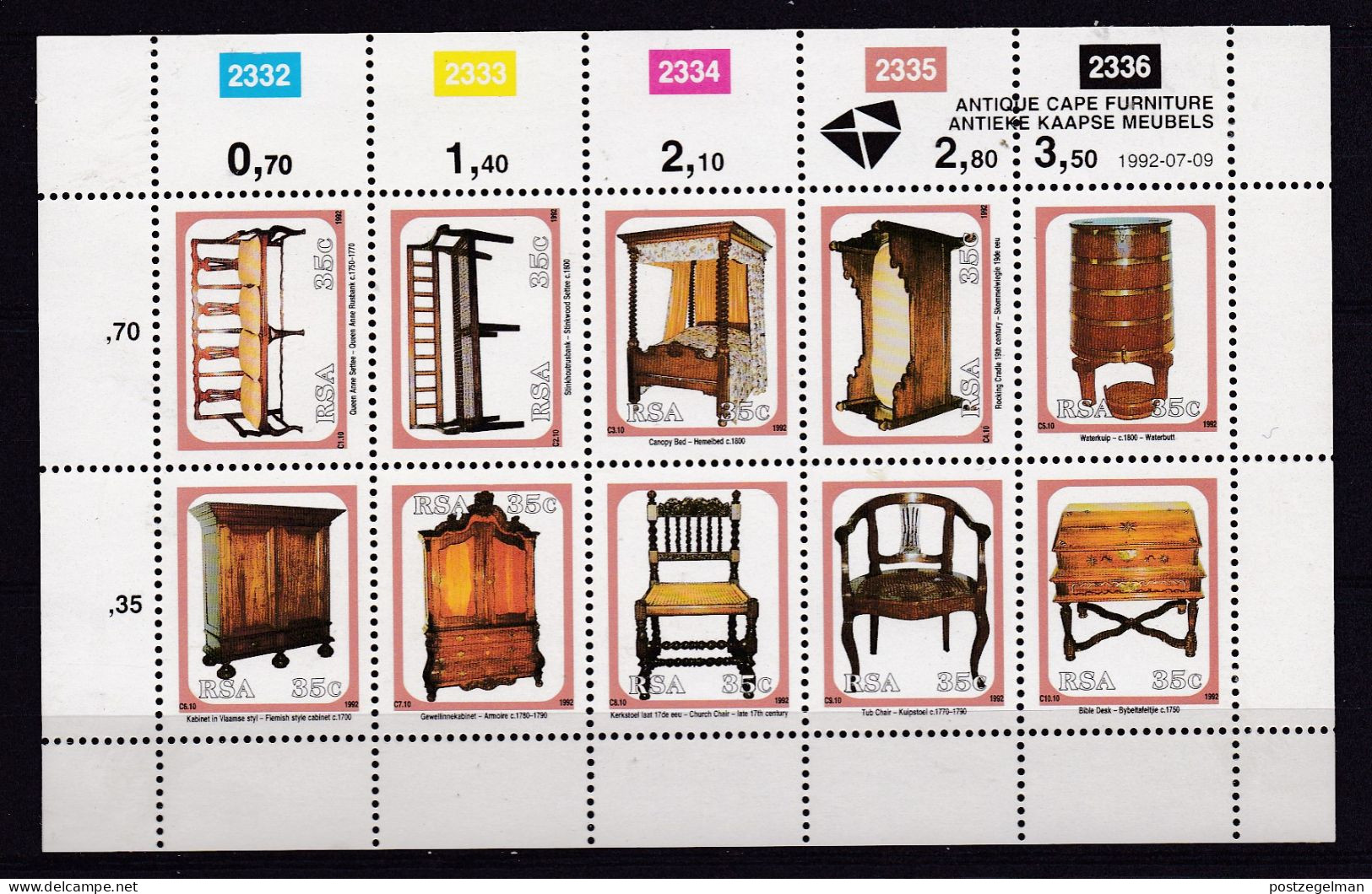 RSA, 1992, Mint Miniature Sheet, MS 845-854, Antique Cape Furniture, Scannr. F2611 - Blocks & Sheetlets