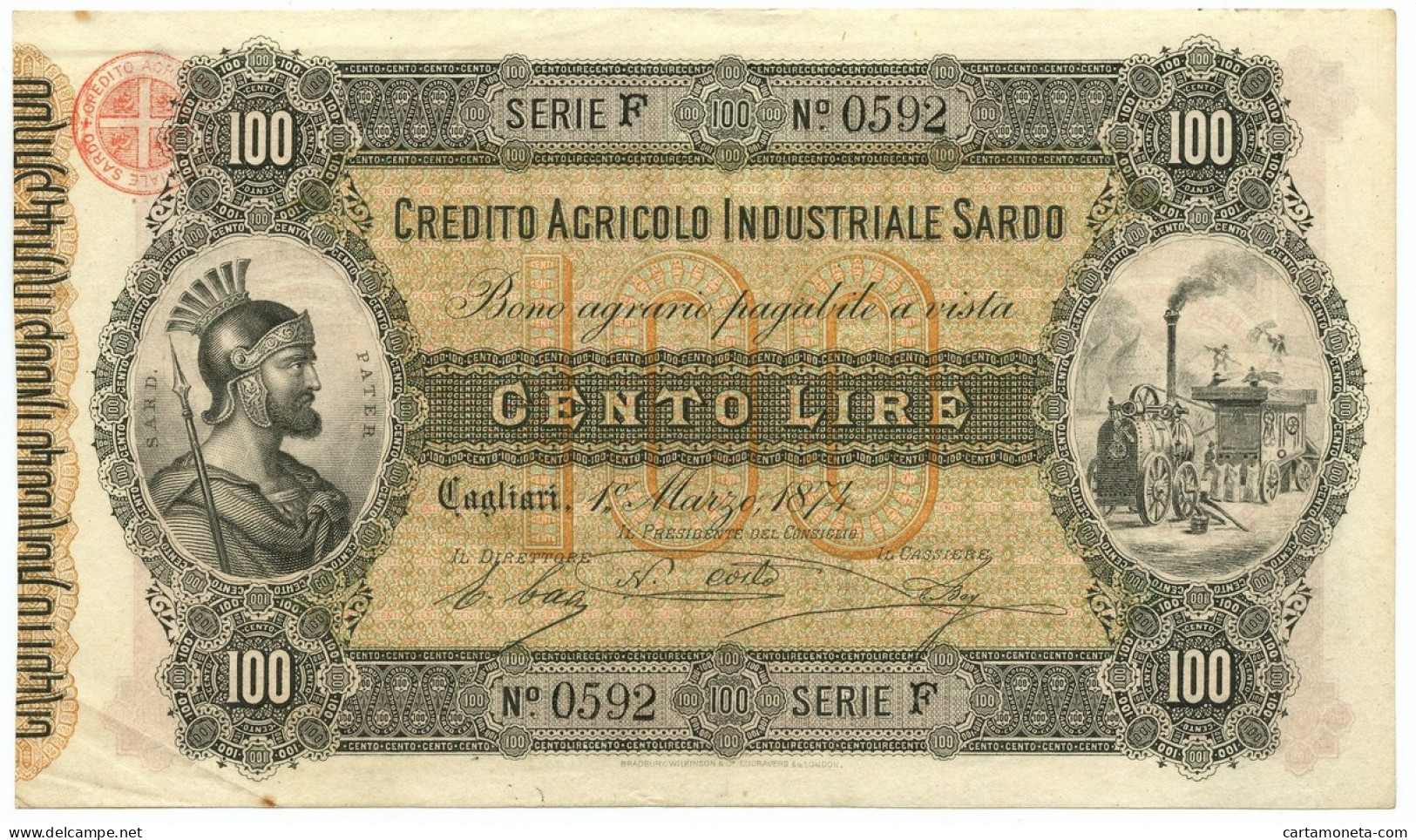 100 LIRE CREDITO AGRICOLO INDUSTRIALE SARDO 01/03/1874 SUP- - Sonstige & Ohne Zuordnung