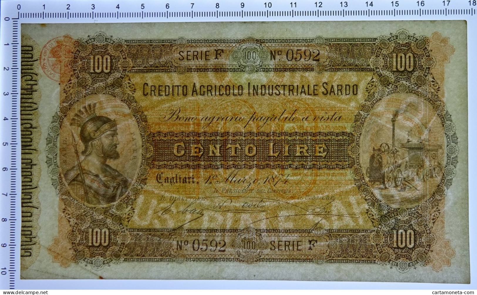 100 LIRE CREDITO AGRICOLO INDUSTRIALE SARDO 01/03/1874 SUP- - Autres & Non Classés