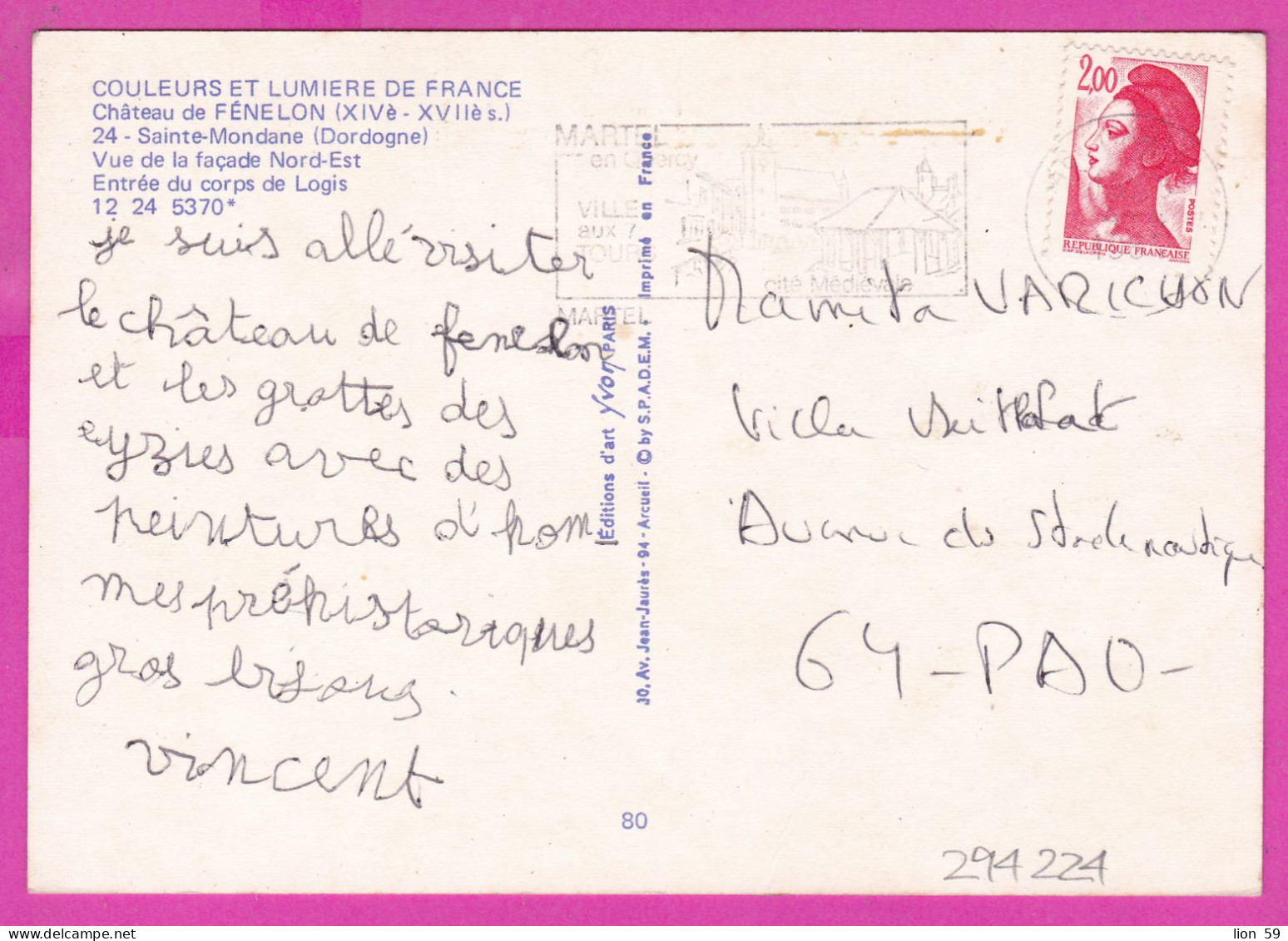 294224 / France - Chateau De FENELON Sainte-Mondane (Dordogne) PC 1984 USED 2.00 Fr. Liberty Of Gandon , Flamme "Martel - 1982-1990 Liberty Of Gandon