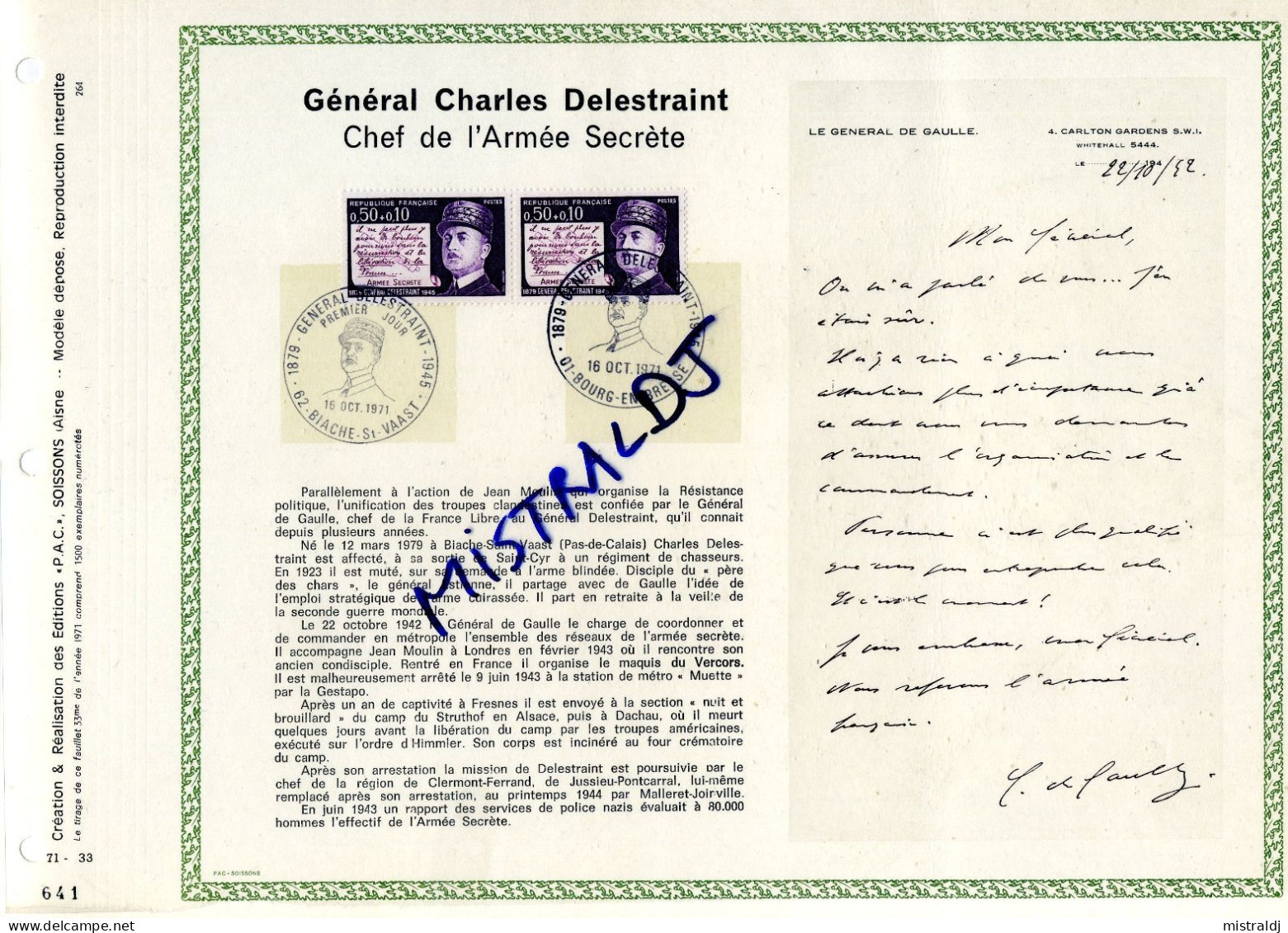 Rare Feuillet PAC (précurseur De CEF) De 1971 - Général Charles Delestraint, Chef De L’Armée Secrète, Bloc De 2 Timbres, - 1970-1979