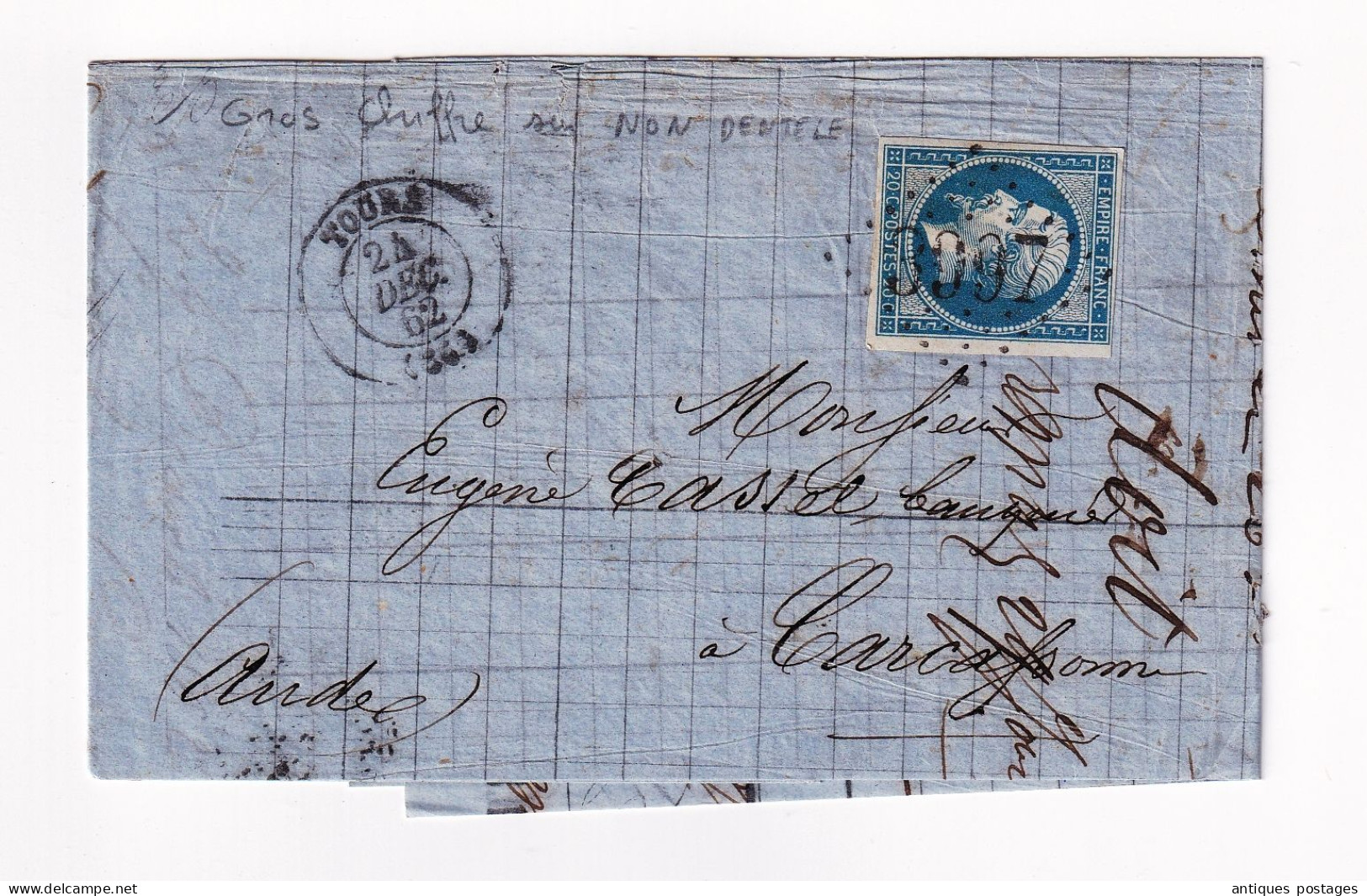 Lettre 1862 Comptoir De L'Escompte Tours Indre Et Loire Bastard & Cie Carcassonne Aude Timbre Napoléon III 20 Centimes - 1853-1860 Napoleon III