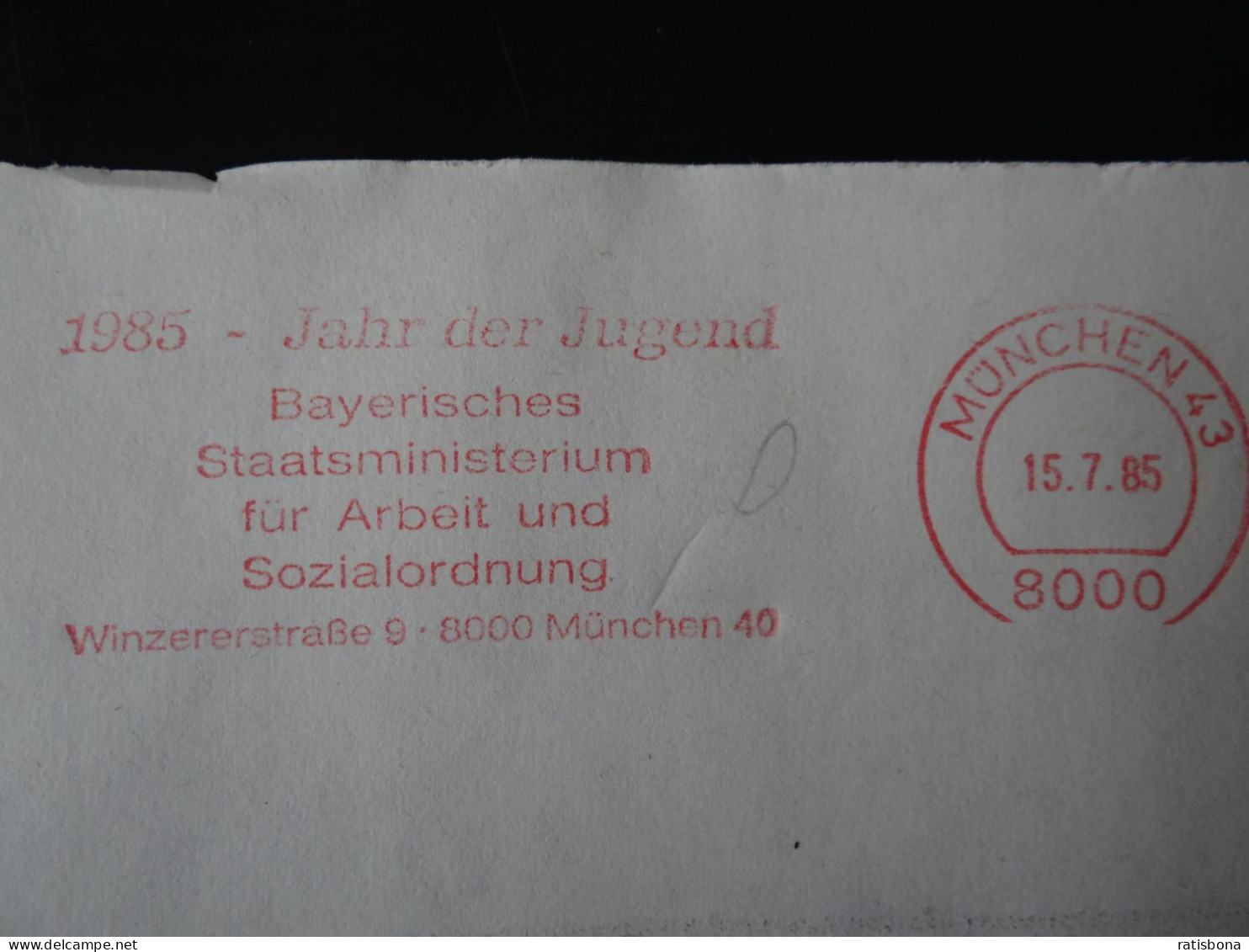Jahr Der Jugend - Bay. Staatsministerium - Maschinenstempel Rot 1985 - Sonstige & Ohne Zuordnung