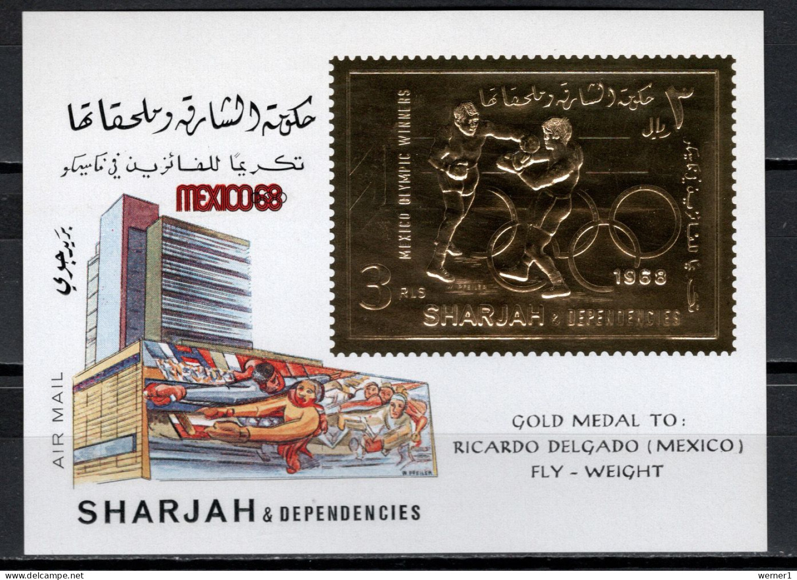 Sharjah 1968 Olympic Games Mexico, Boxing, Gold S/s With Winners O/p "Ricardo Delgado - Fly-Weight" MNH - Sommer 1968: Mexico