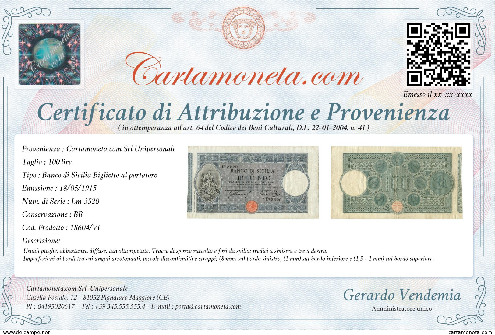 100 LIRE BANCO DI SICILIA BIGLIETTO AL PORTATORE 18/05/1915 BB - Autres & Non Classés