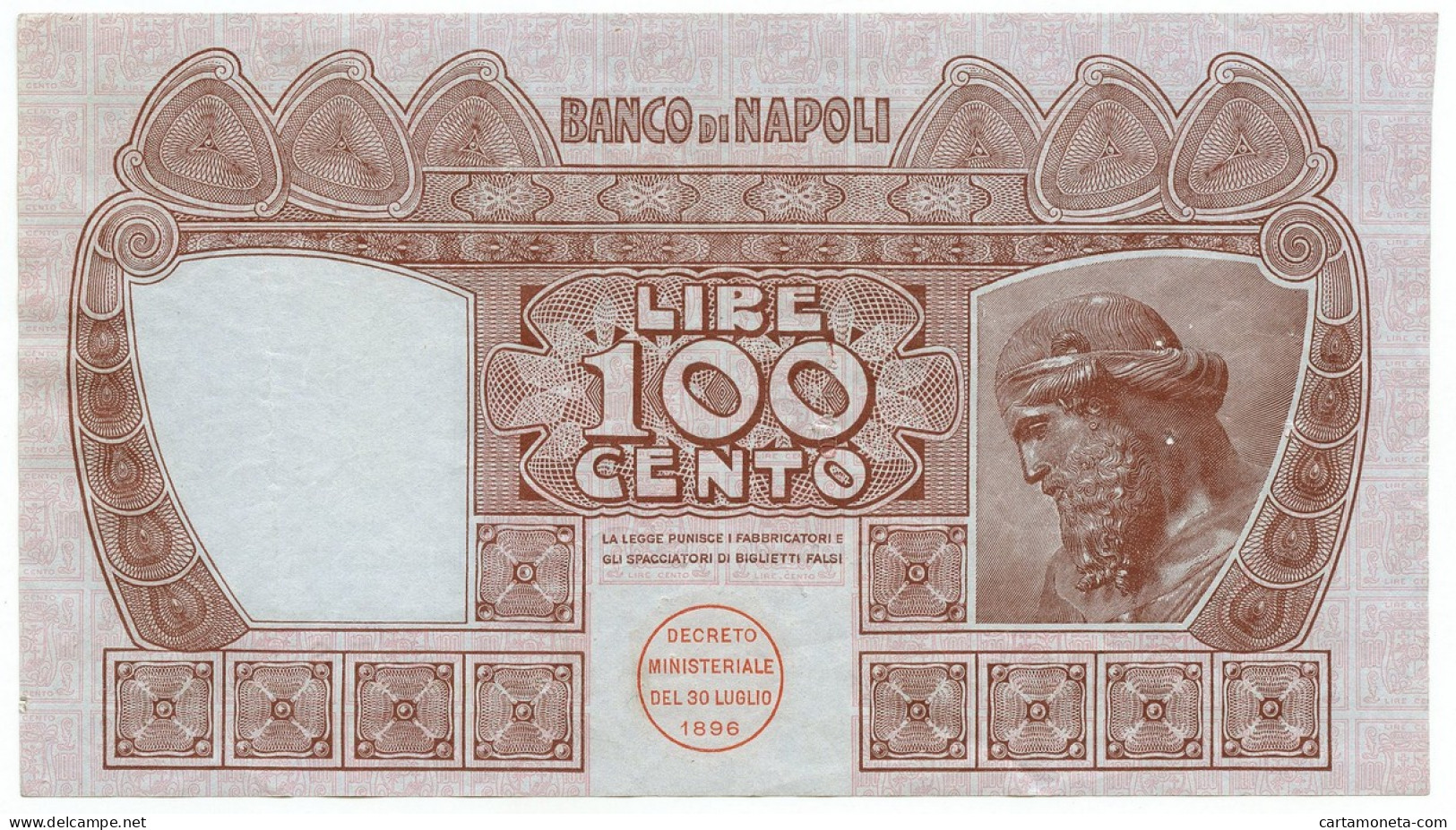 100 LIRE BANCO DI NAPOLI BIGLIETTO AL PORTATORE 10/11/1908 BB/SPL - Andere & Zonder Classificatie