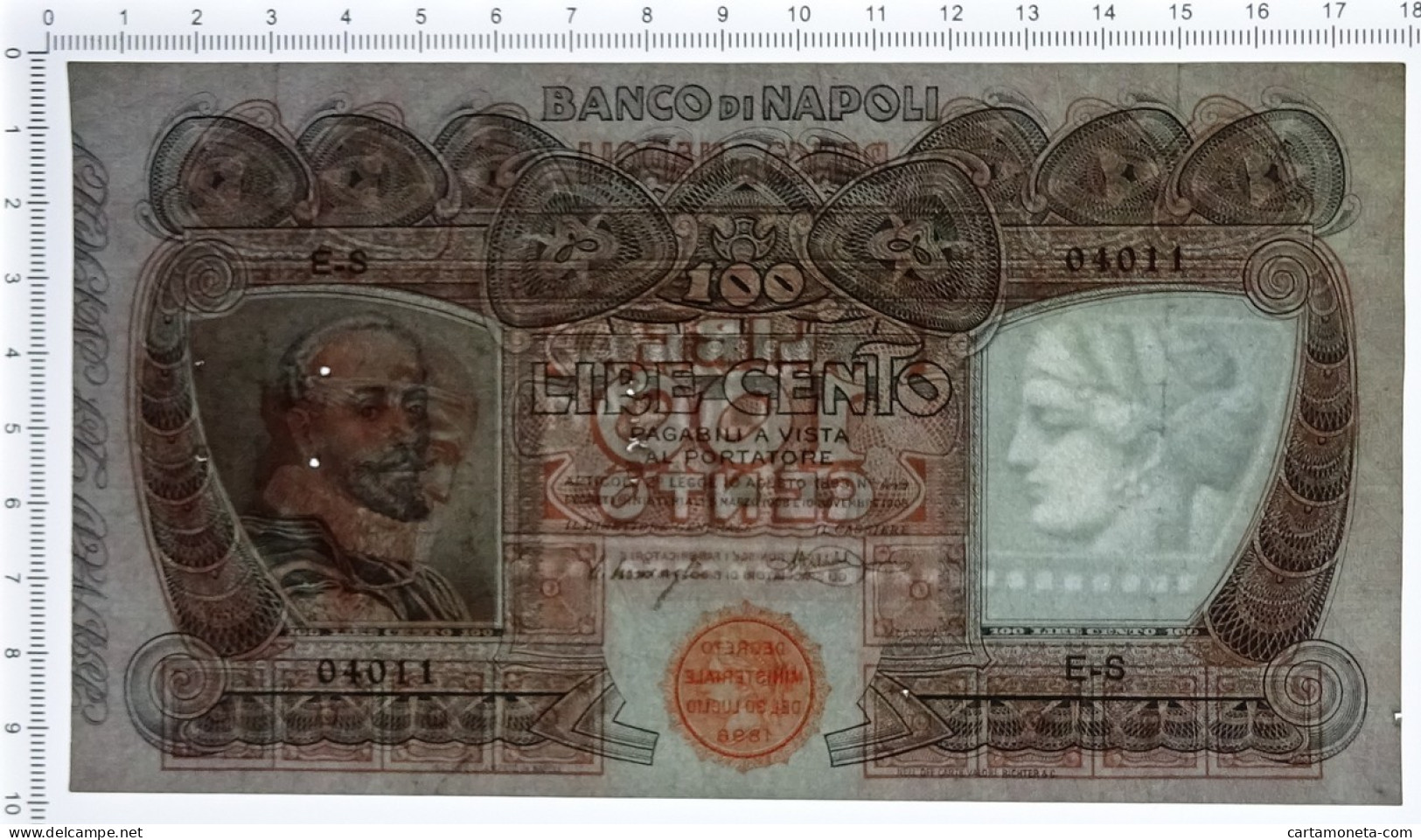 100 LIRE BANCO DI NAPOLI BIGLIETTO AL PORTATORE 10/11/1908 BB/SPL - Andere & Zonder Classificatie