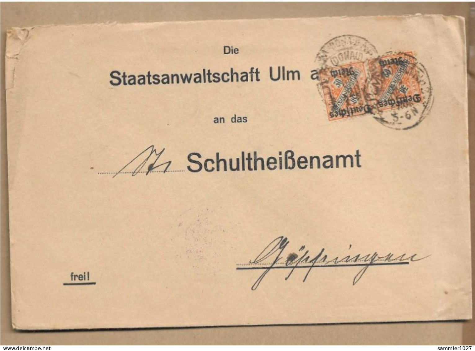 Los Vom 20.05  Dienst-Briefumschlag Aus Ulm 1920 - Cartas & Documentos