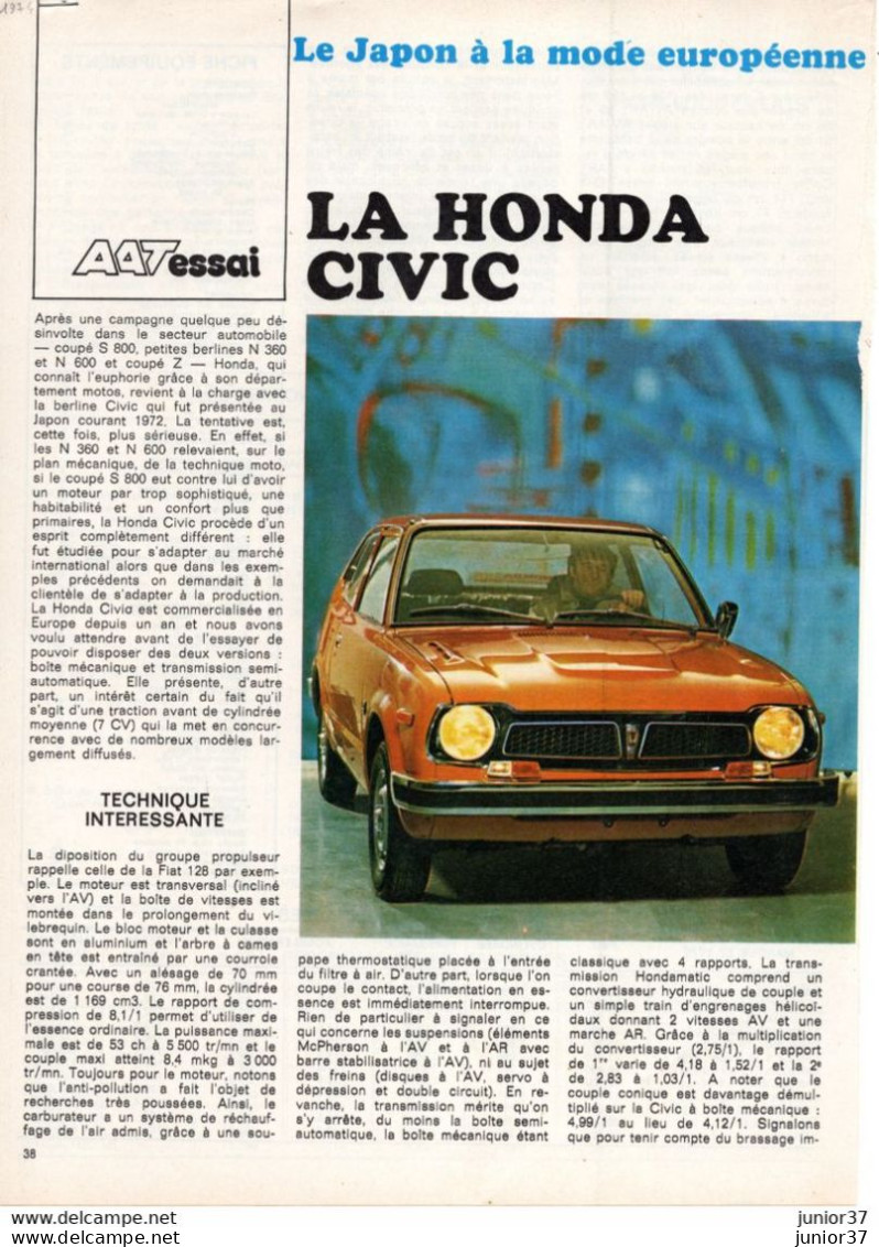 2 Feuillets De Magazine Honda Civic Essai 1974 - Voitures