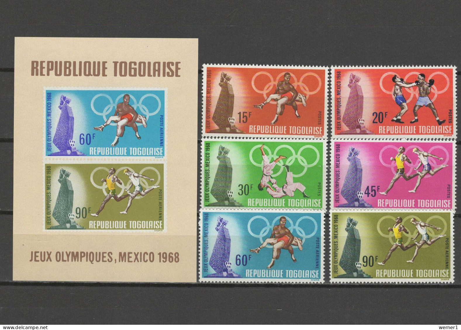 Togo 1968 Olympic Games Mexico, Wrestling, Boxing, Judo, Athletics Set Of 6 + S/s MNH - Verano 1968: México