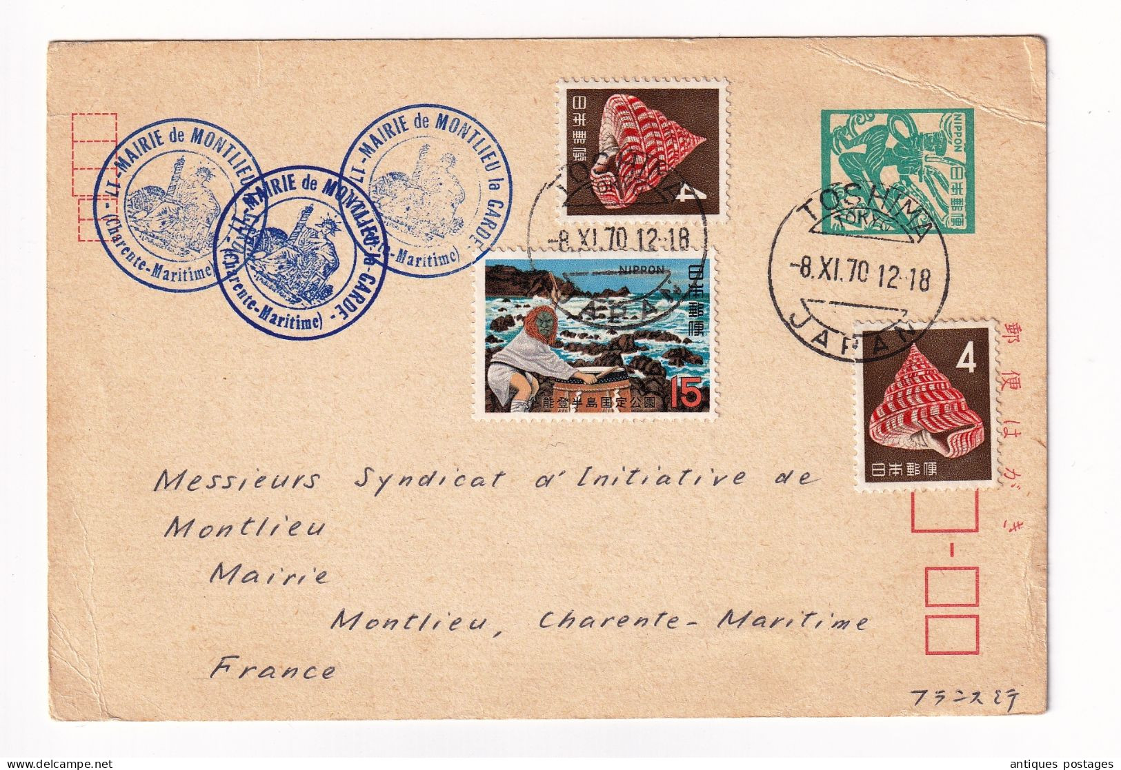 Postal Stationery Japon 1970 Japan Toshima Pour Montlieu Charente Maritime Kunie Sakata 豊島区 - Postcards