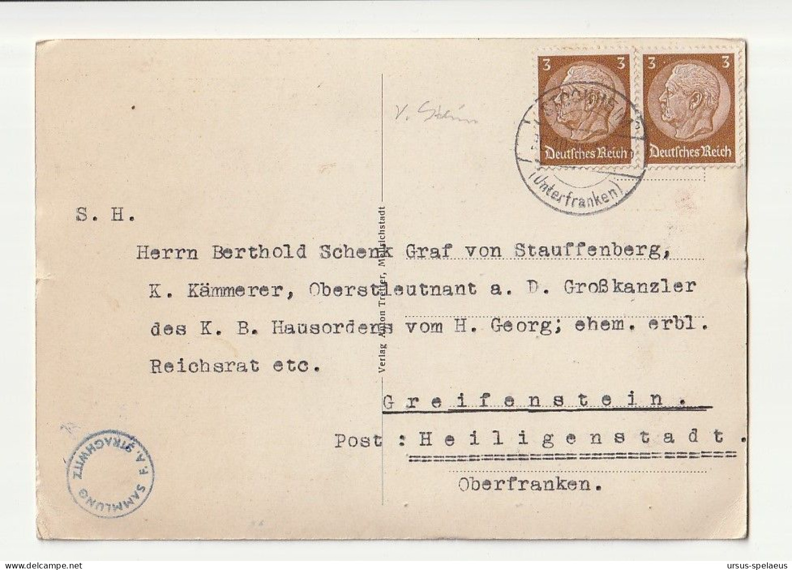 KARTE VON VÖLKERSHAUSEN AN BERTHOLD SCHENK GRAF VON STAUFFENBERG 1936 - Autres & Non Classés