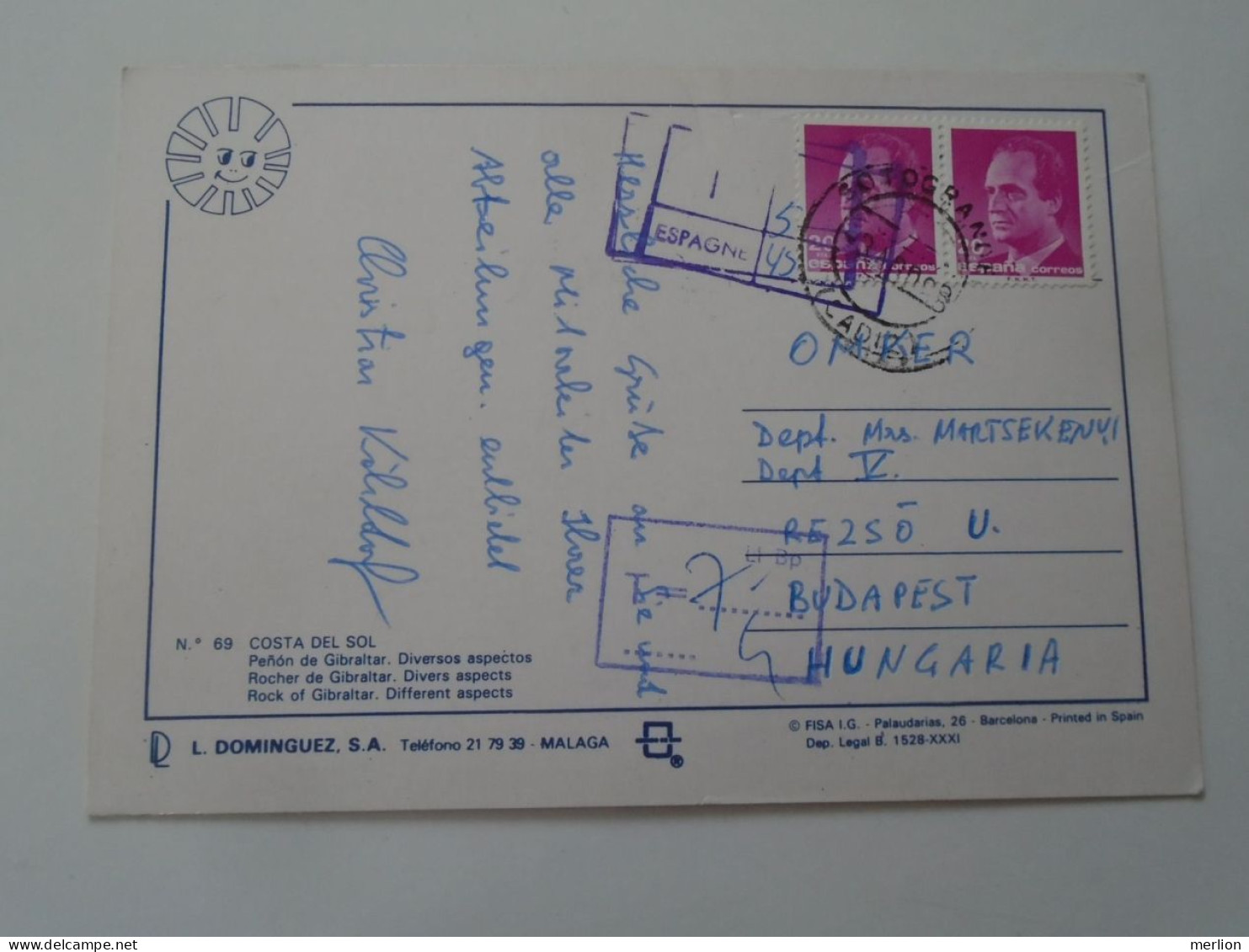 D203255     CPM Gibraltar - Sent From Spain To Hungary  -Double  Postage Due "Espagne"  Spain And Hungary - Gibraltar