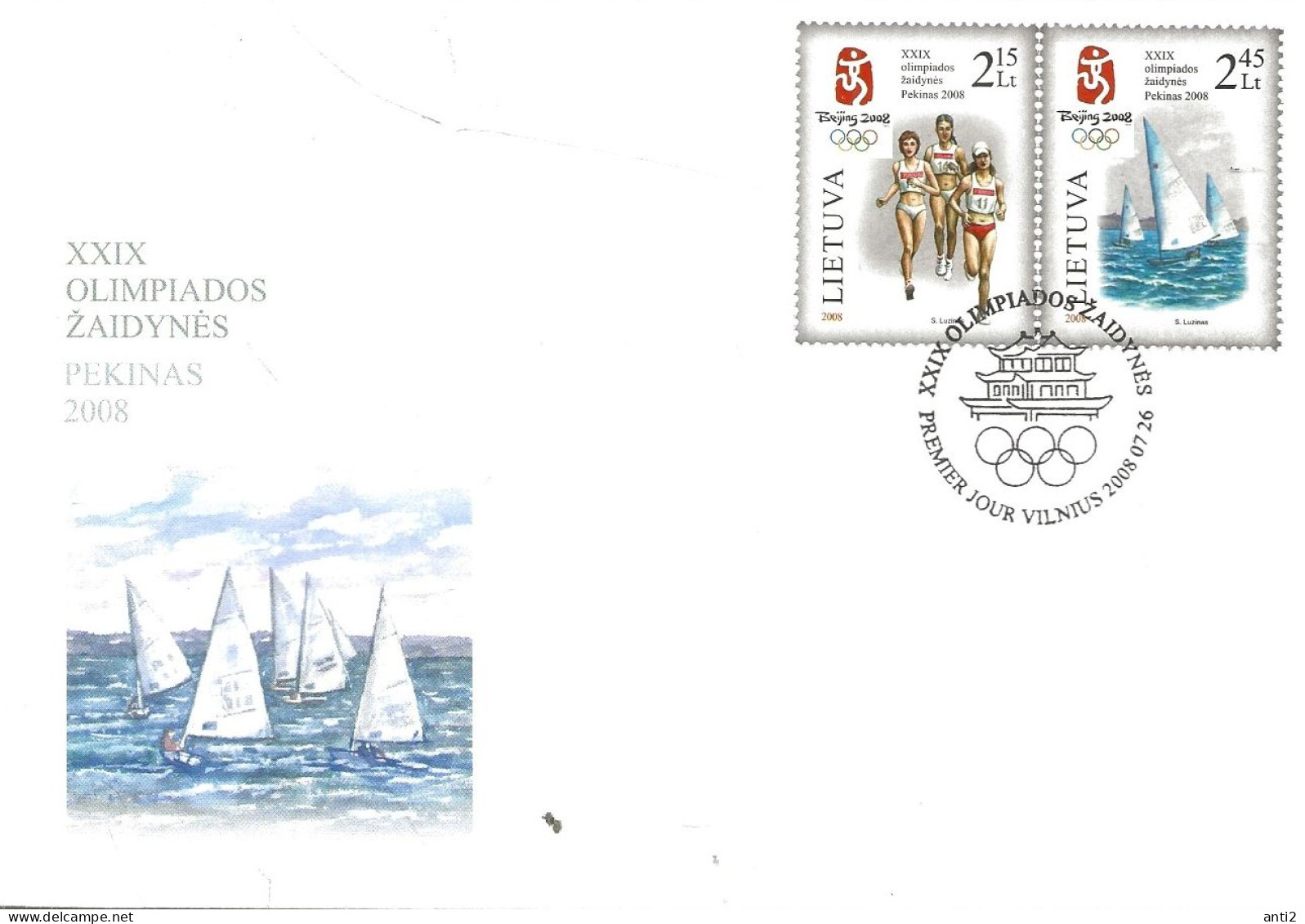 Lithuania Litauen Lietuva 2008  Olympische Sommerspiele, Peking. Marathon, Laser Radial Sailboats Mi 981-982 FDC - Lithuania