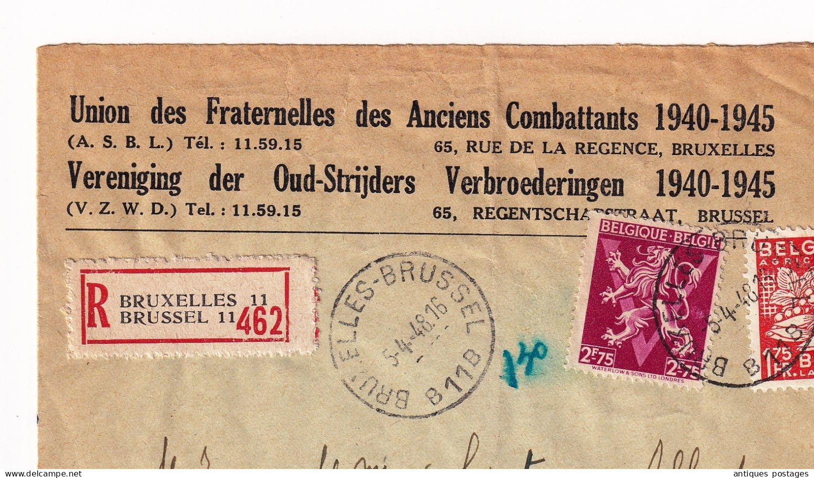 Lettre Recommndée Union Des Fraternelles Des Anciens Combattants De 1940 / 1945 Ixelles Bruxelles Belgique - Covers & Documents