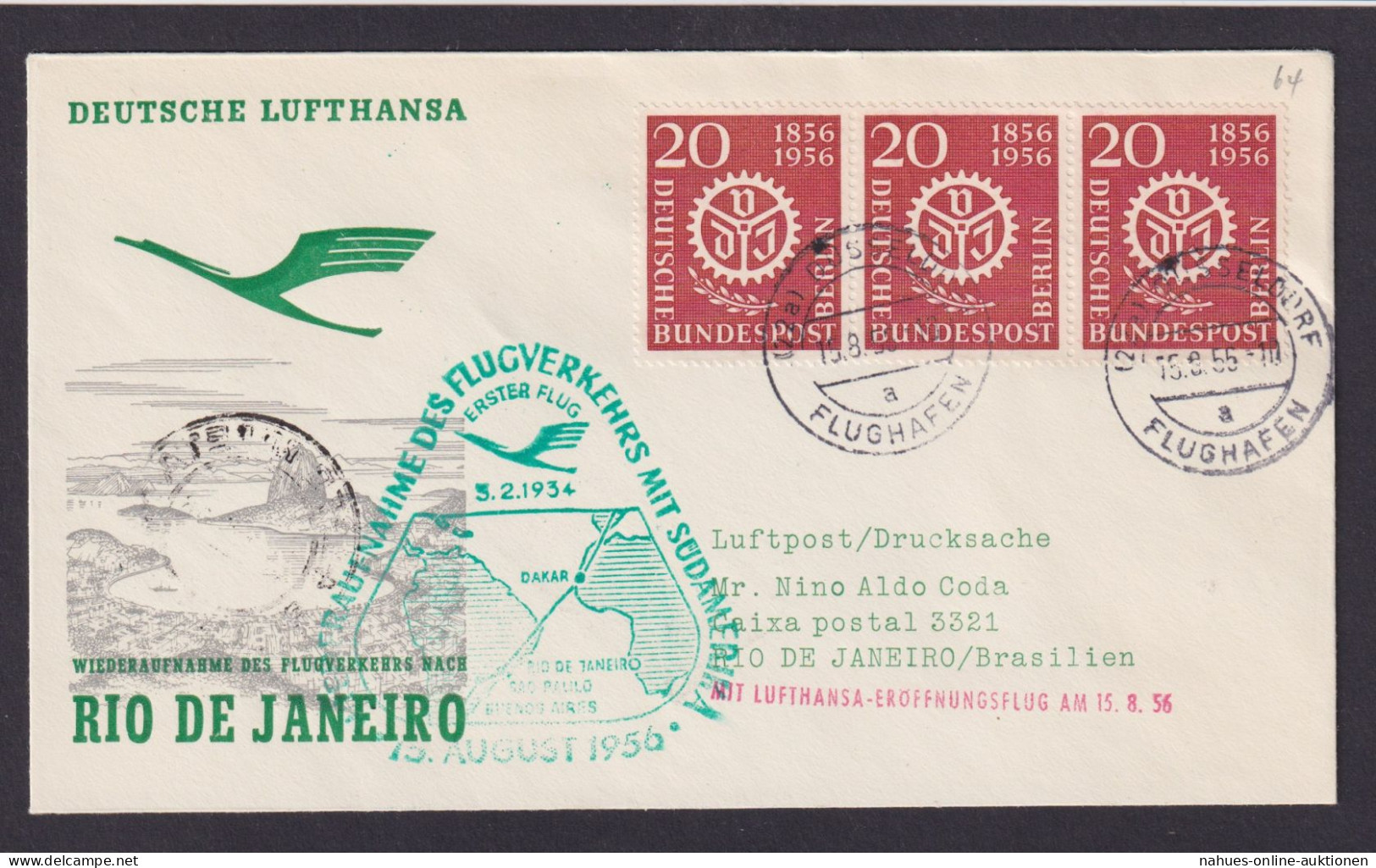 Bund Berlin MEF 3er Streifen 139 Brief Flugpost Airmail Düsseldorf Rio DE - Lettres & Documents