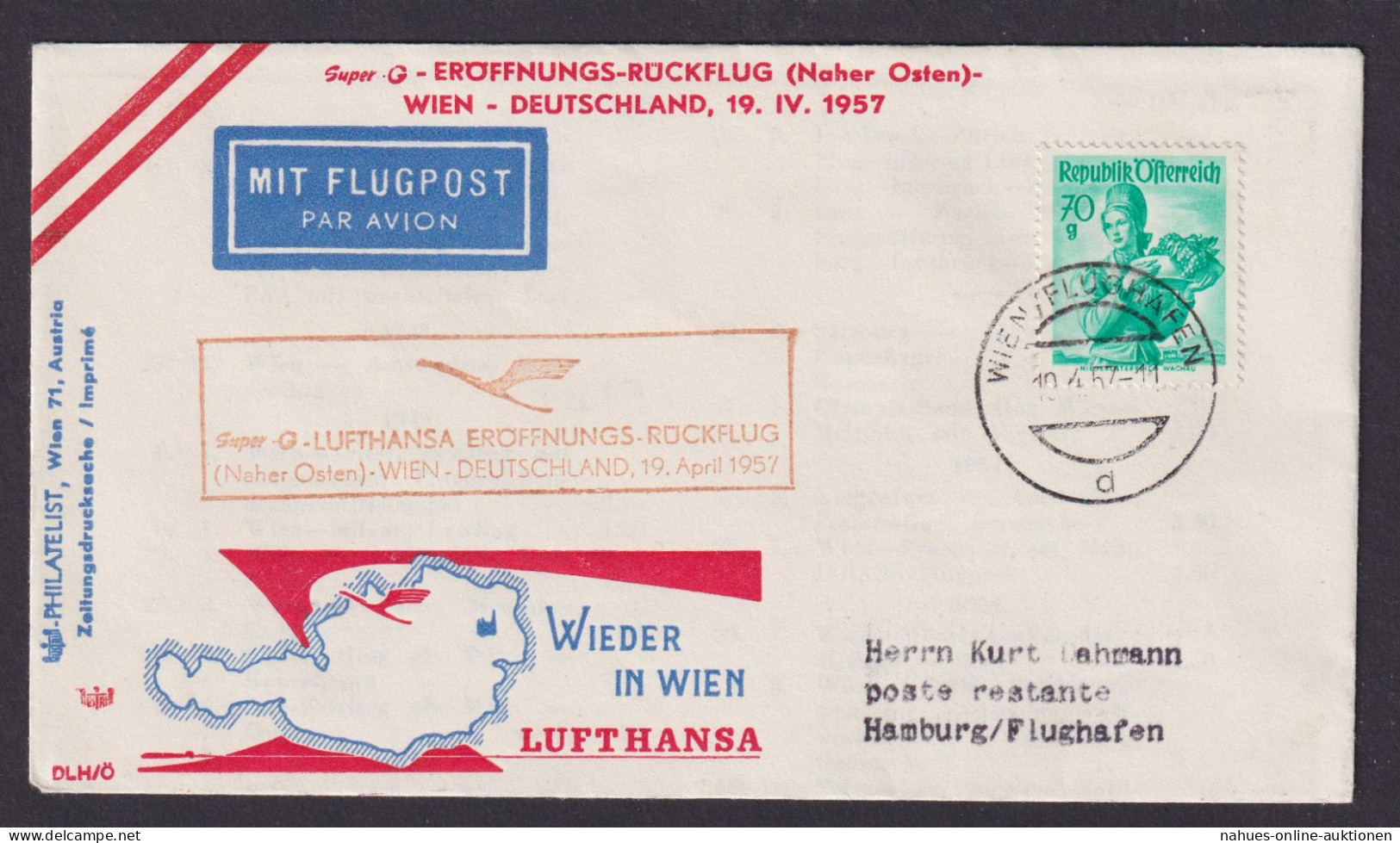 Flugpost Brief Österreich Lufthansa Wien Hamburg Flughafen Schönes Cover 1957 - Covers & Documents