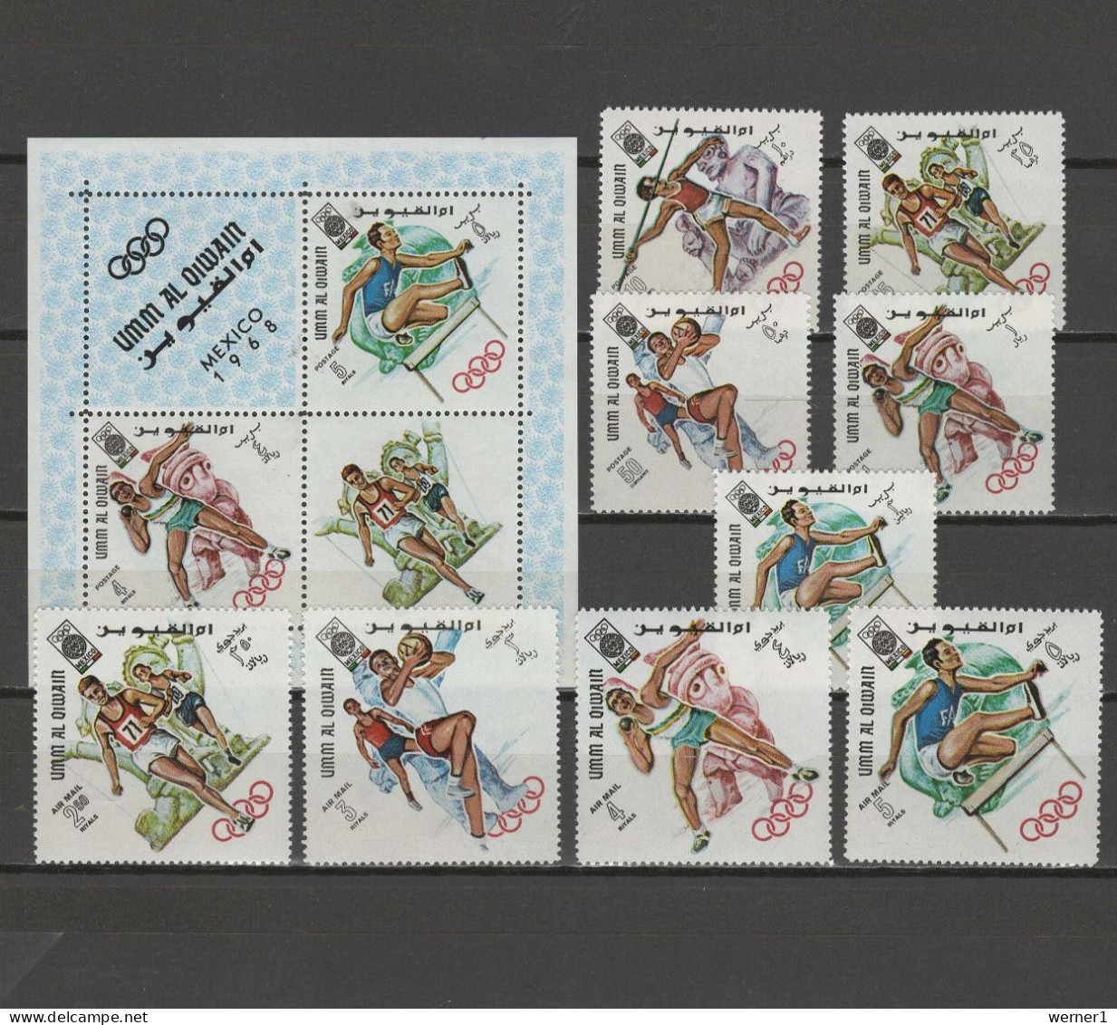 Umm Al Qiwain 1968 Olympic Games Mexico, Athletics Set Of 9 + S/s MNH - Sommer 1968: Mexico