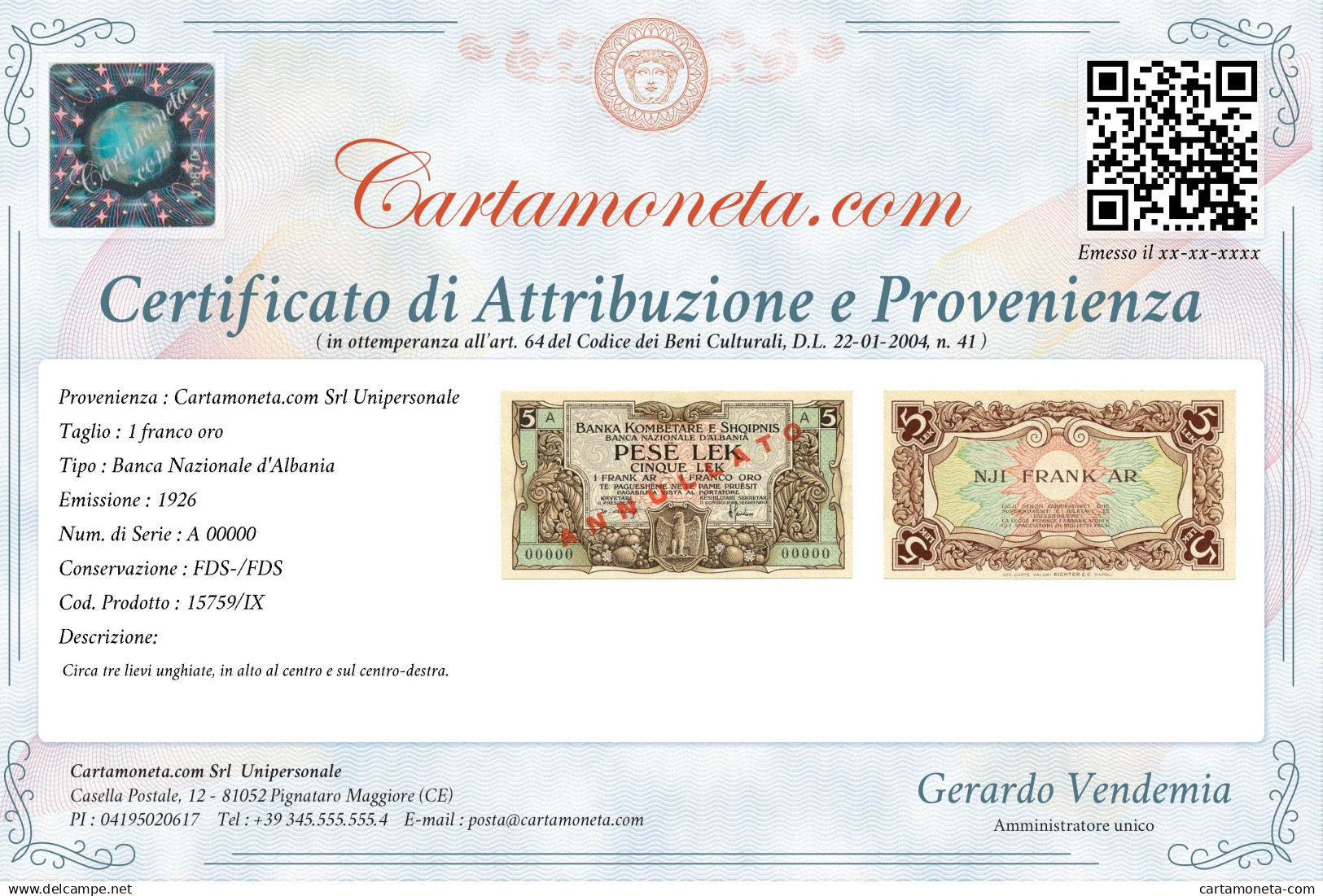 1 FRANCO ORO BANCA NAZIONALE D'ALBANIA PROTETTORATO ITALIANO 1926 QFDS - Unclassified