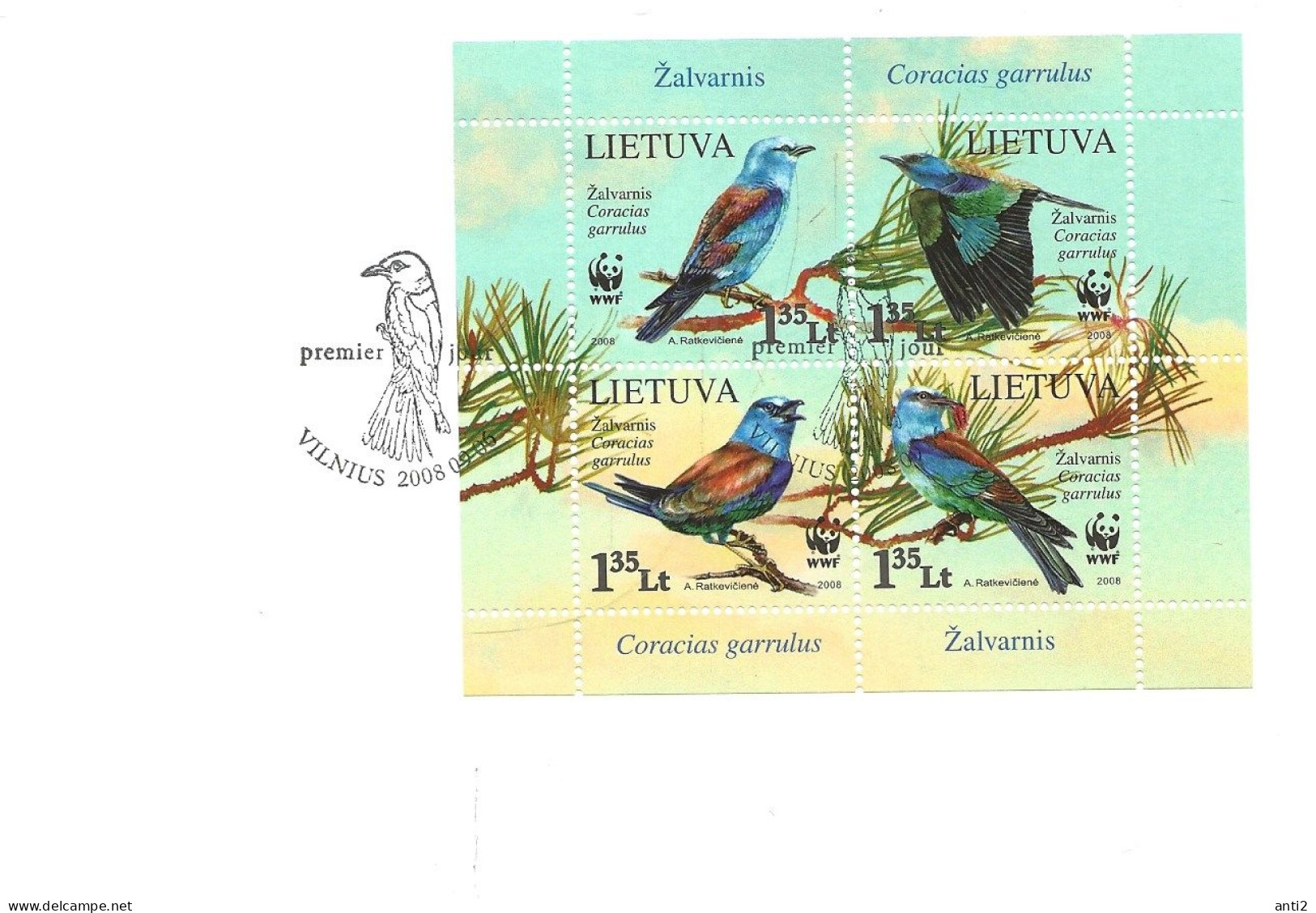 Lithuania Litauen Lietuva 2008 Worldwide Nature Conservation: Birds, European Roller. (Coracias Garrulus) Mi Bloc 37 FDC - Litouwen