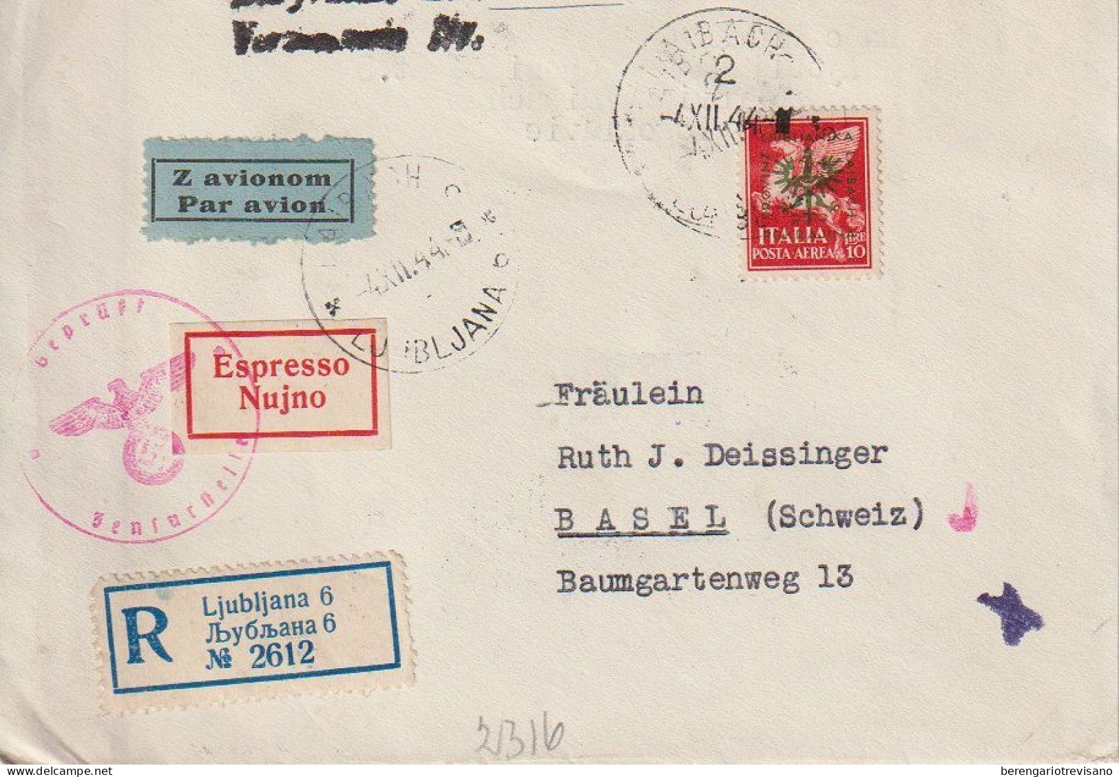 1944, Lettera Raccomandata Per Basilea Con Timbro Di Arrivo - Yugoslavian Occ.: Slovenian Shore