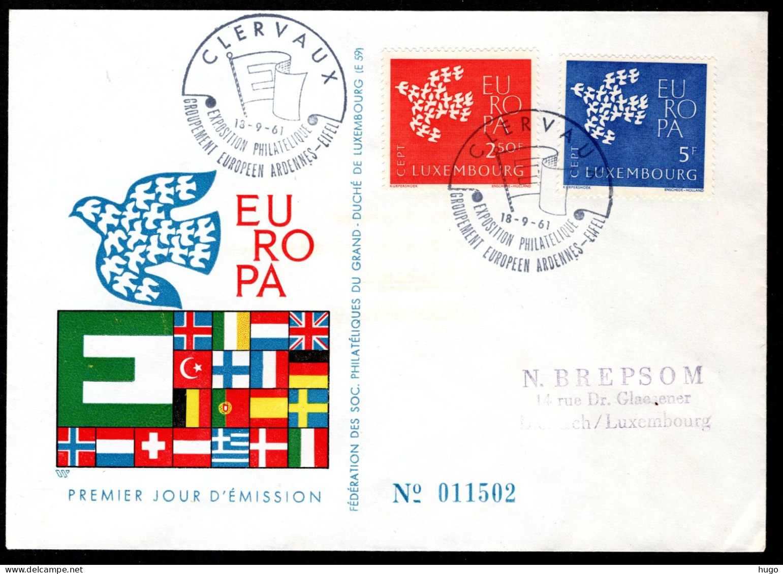 LUXEMBURG Yt. 601/602 FDC 1961 - EUROPA - Covers & Documents