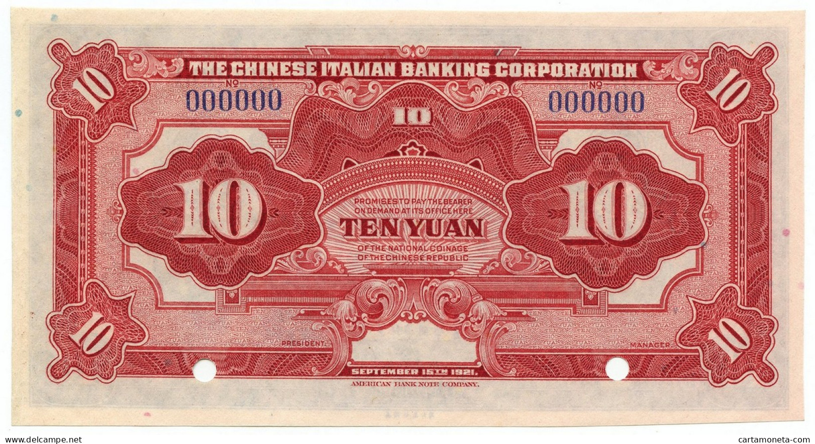 10 YUAN SPECIMEN CONCESSIONE ITALIANA IN CINA TIEN-SIN 15/09/1921 FDS-/FDS - Unclassified