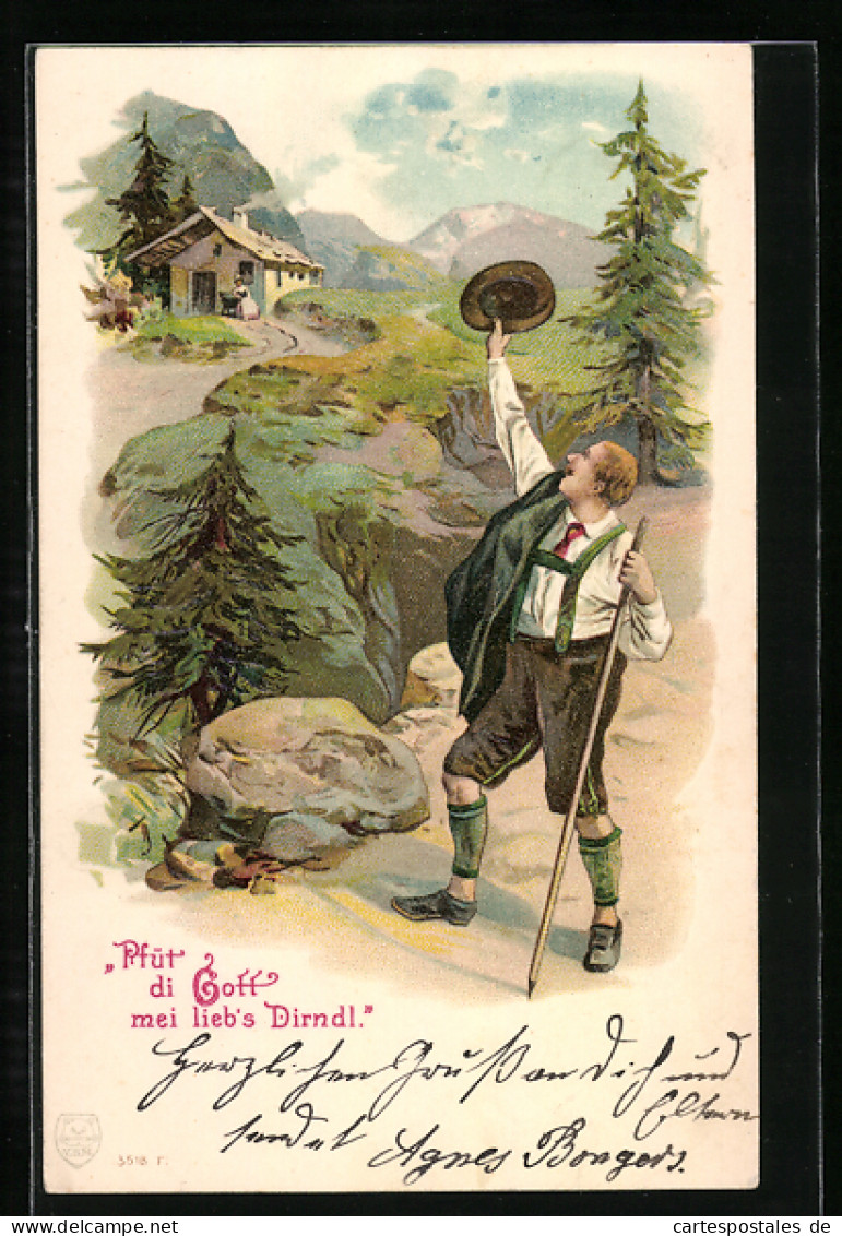 Lithographie Wanderer Nimmt Abschied Von Seinem Dirndl  - Scoutisme