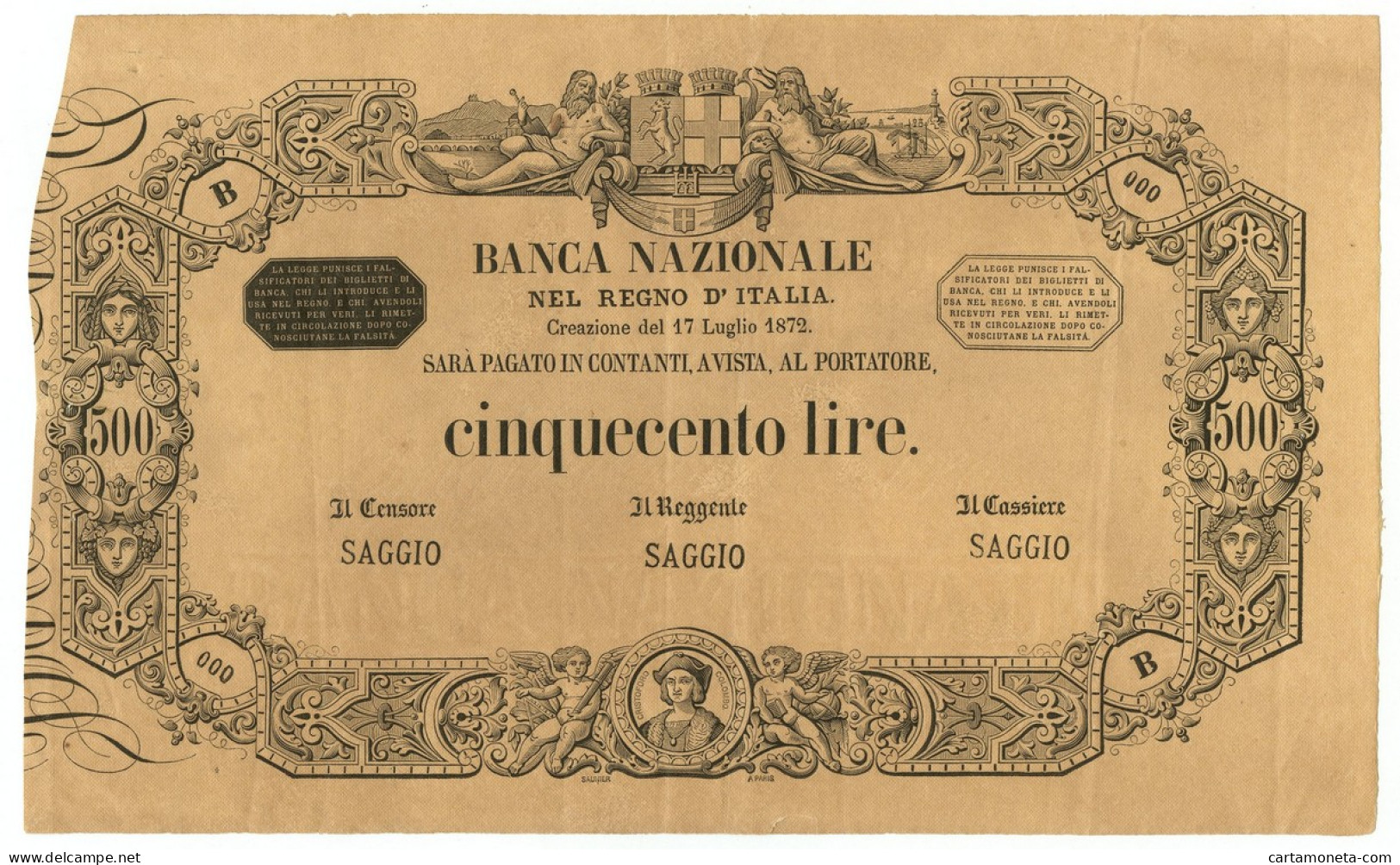 500 LIRE CAMPIONE "SAGGIO" BANCA NAZIONALE NEL REGNO D'ITALIA 17/07/1872 BB/SPL - Other & Unclassified