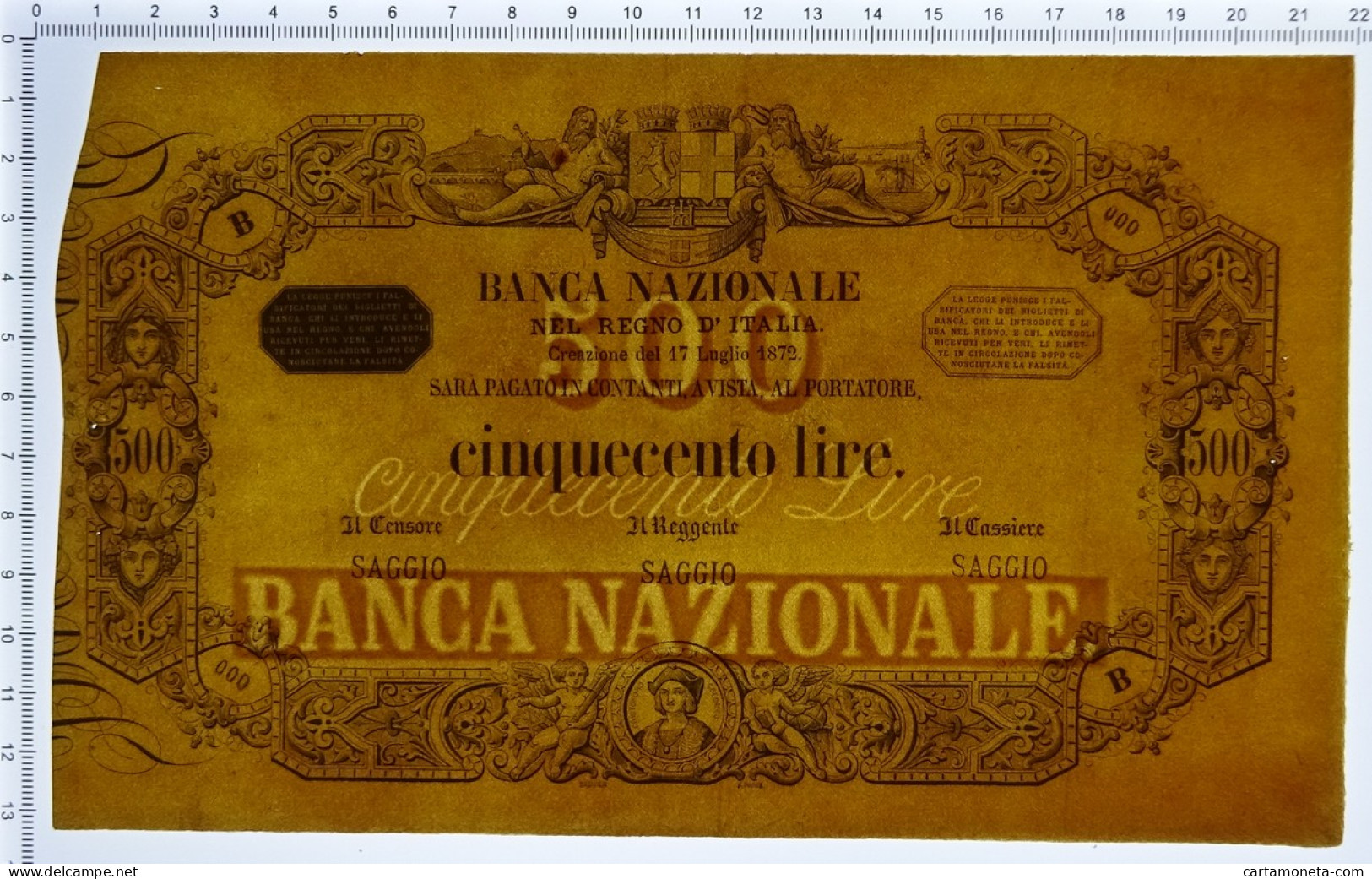 500 LIRE CAMPIONE "SAGGIO" BANCA NAZIONALE NEL REGNO D'ITALIA 17/07/1872 BB/SPL - Andere & Zonder Classificatie