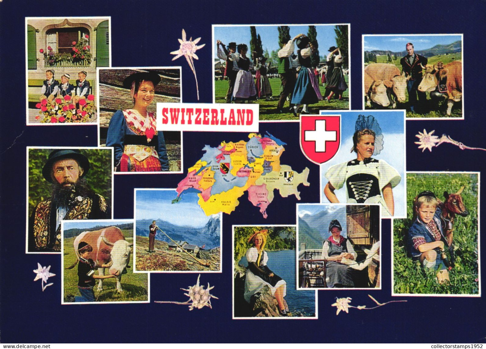 MULTIPLE VIEWS, ARCHITECTURE, MAP, FOLKLORE, COSTUMES, CHILDREN, COW, GOAT, DANCE, EMBLEM, SWITZERLAND, POSTCARD - Other & Unclassified