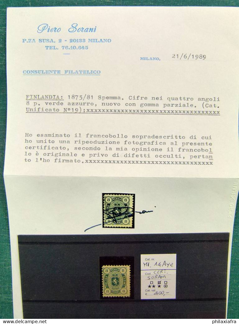 1875, Finlande, 8 P. Neufs*, Mi. 14Aya, Certificat Sorani, Cv 400 Euro - Verzamelingen