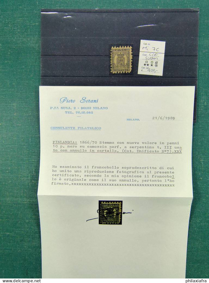 1866, Finlande 10 P Oblitéré Mi 7c Certificat Sorani, Valeur Catalogue 400 Euro - Collections