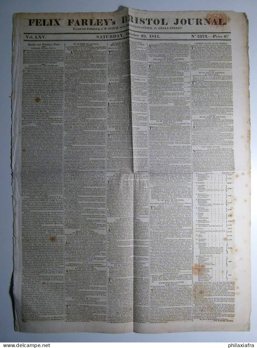 1814, Angleterre, Bristol Journal De Felix Farley 29/10/1814 New Ship Letter Act - Collections