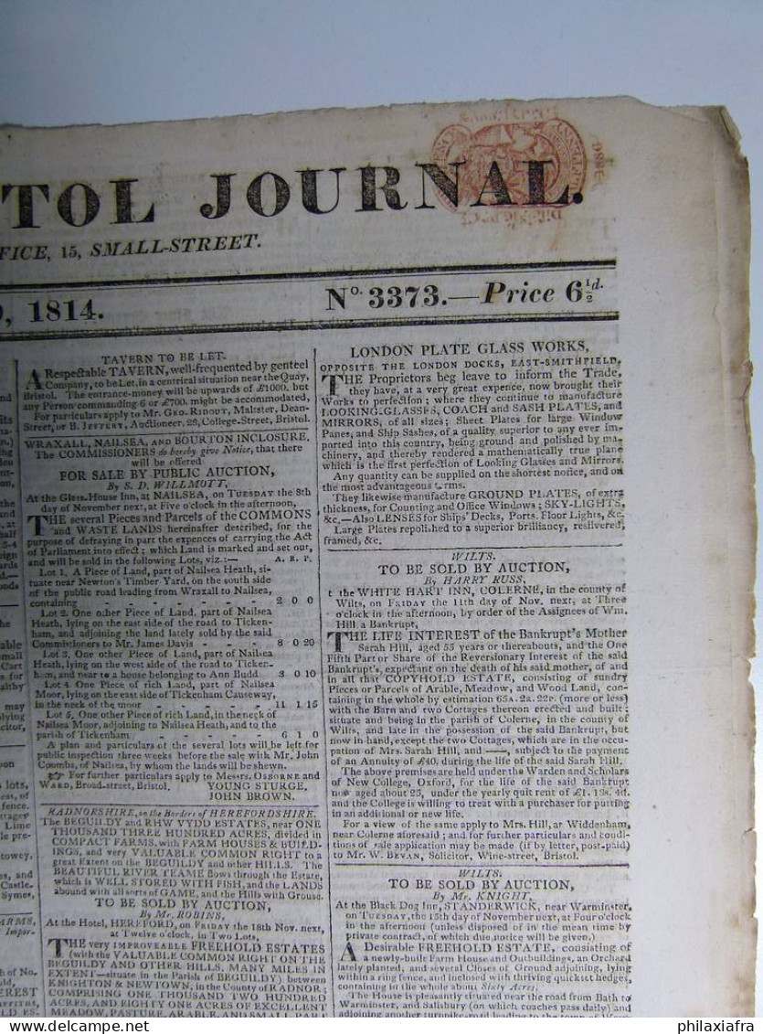 1814, Angleterre, Bristol Journal De Felix Farley 29/10/1814 New Ship Letter Act - Verzamelingen