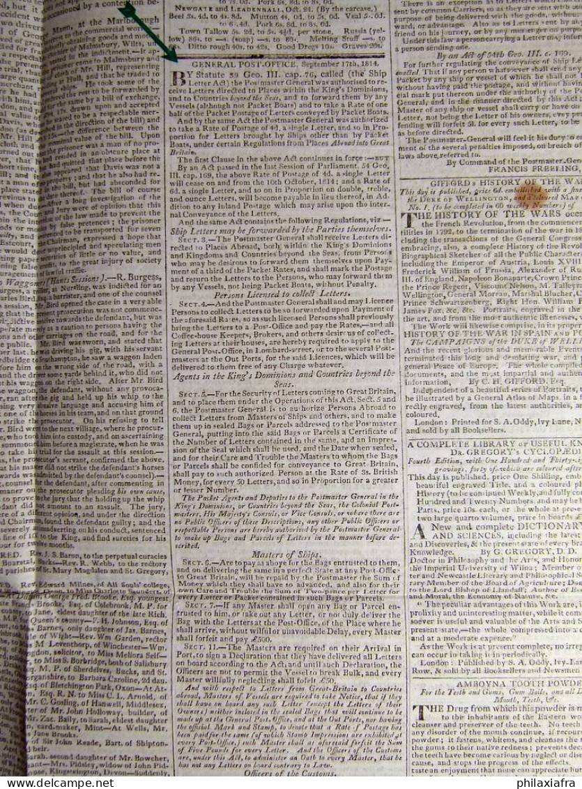 1814, Angleterre, Bristol Journal De Felix Farley 29/10/1814 New Ship Letter Act - Collections