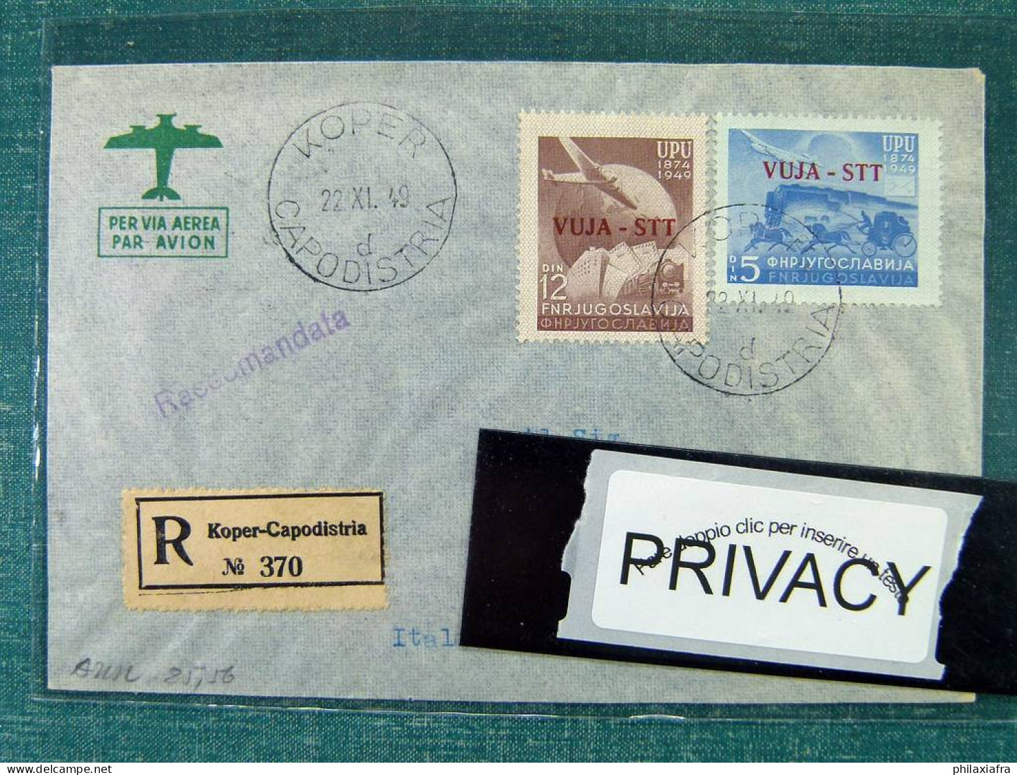 1949, Trieste B UPU Enveloppe Avec Série Cpl Sass. 17-18, 1800 Eur Cv - Collections